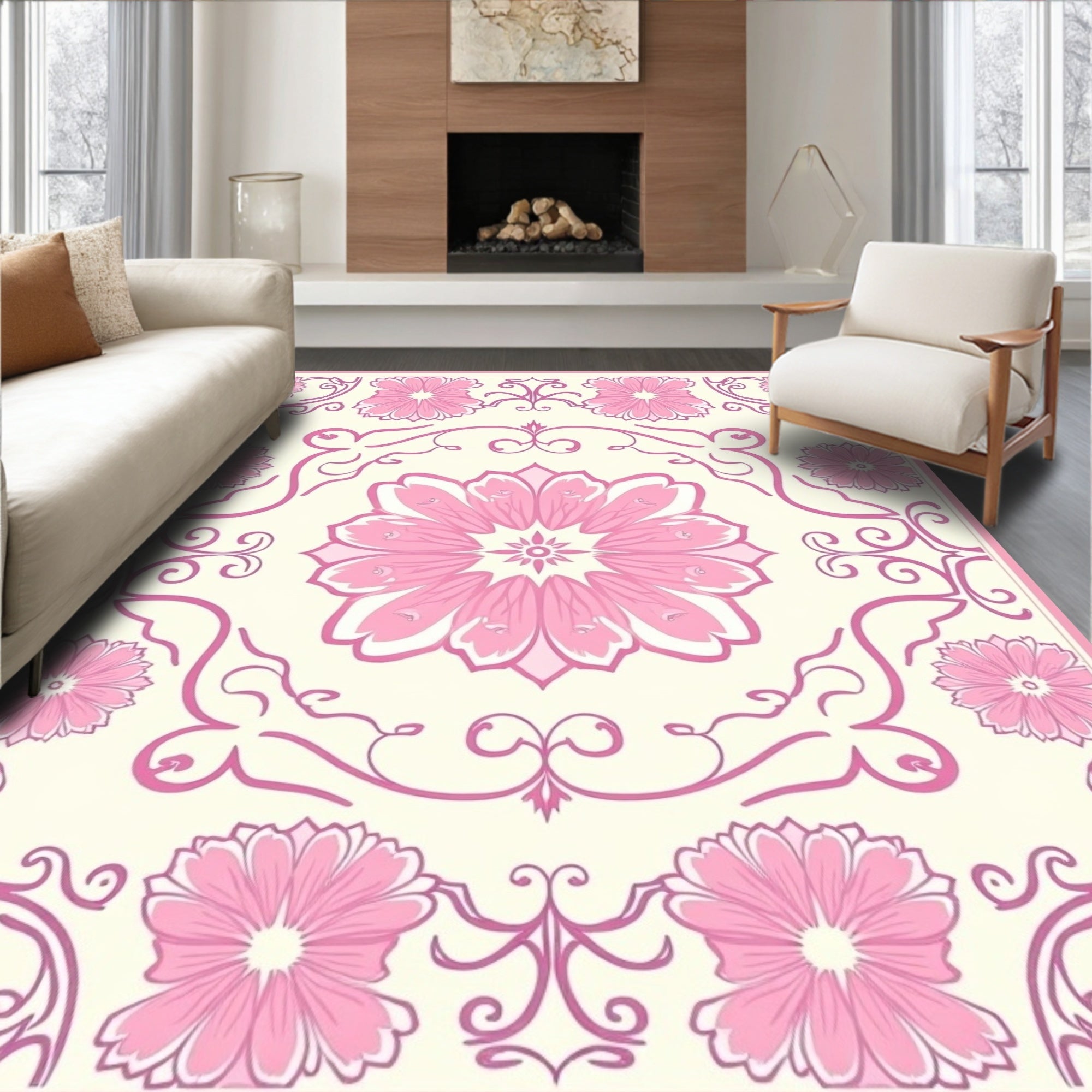 Delicate Pink Floral Mandala Pattern Rug