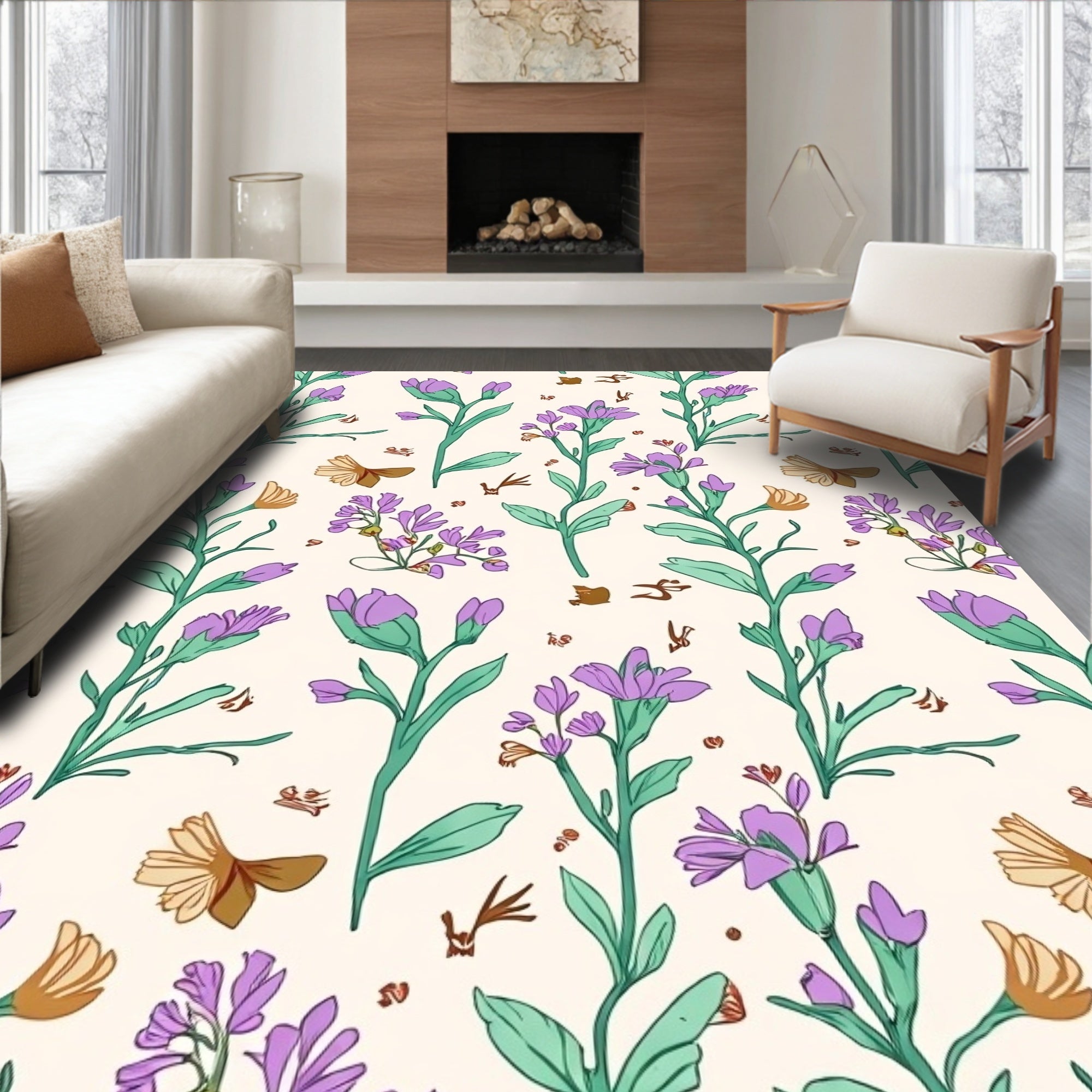 Delicate Floral Butterfly Botanical Pattern Rug