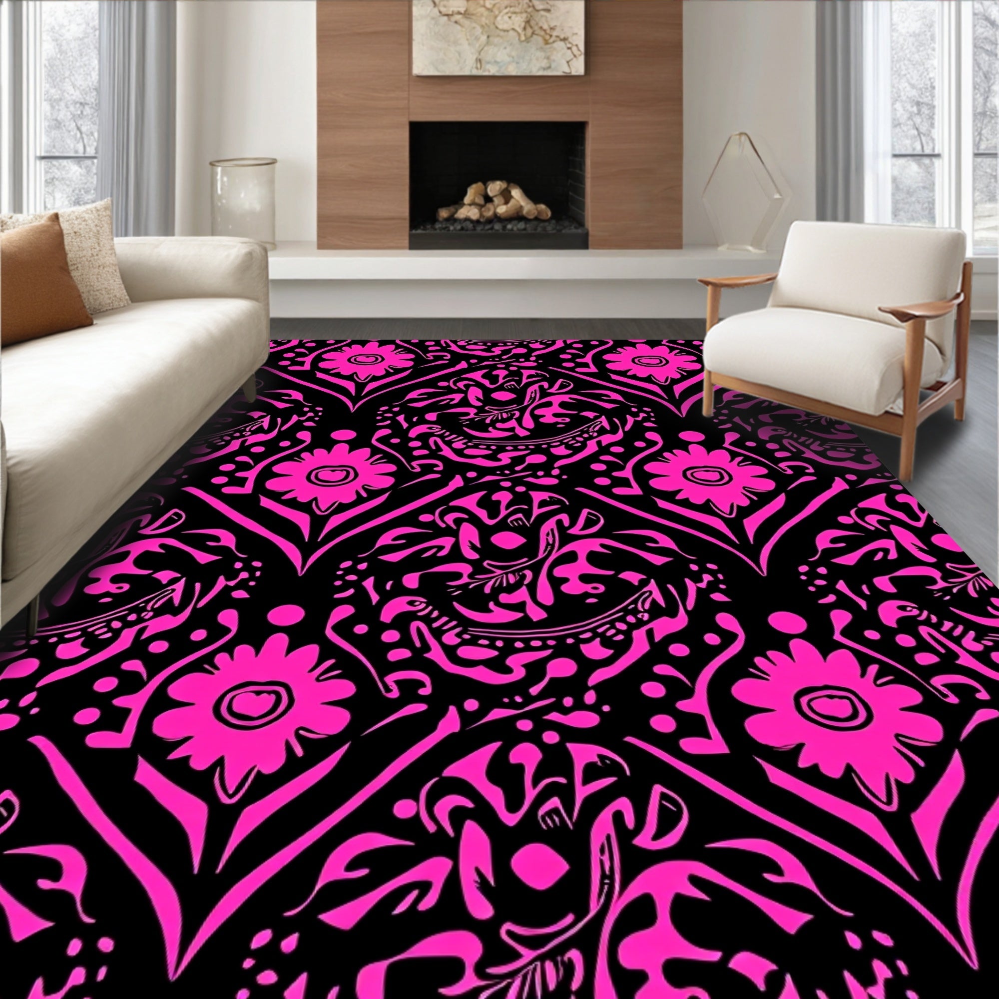 Vibrant Pink Floral Damask Pattern Rug