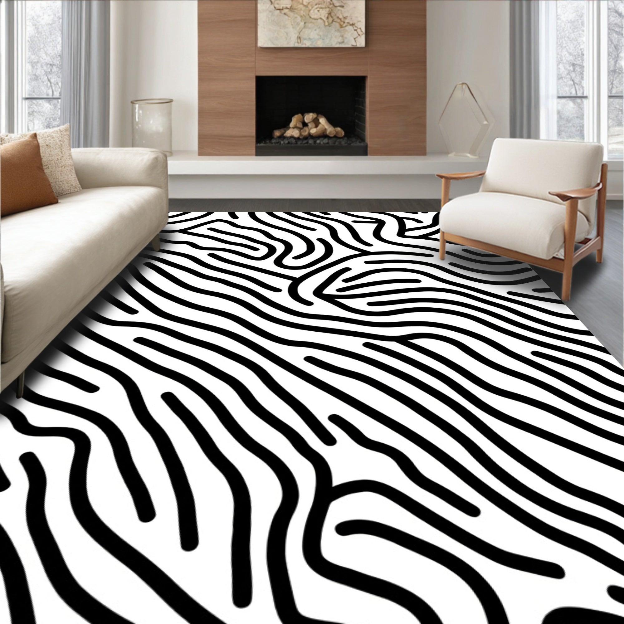 Bold Wavy Black White Abstract Rug