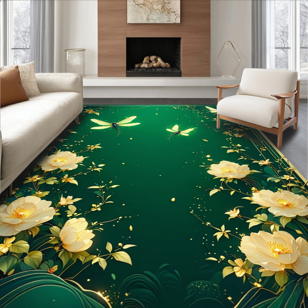 Golden Dragonflies and White Flowers Design Rug