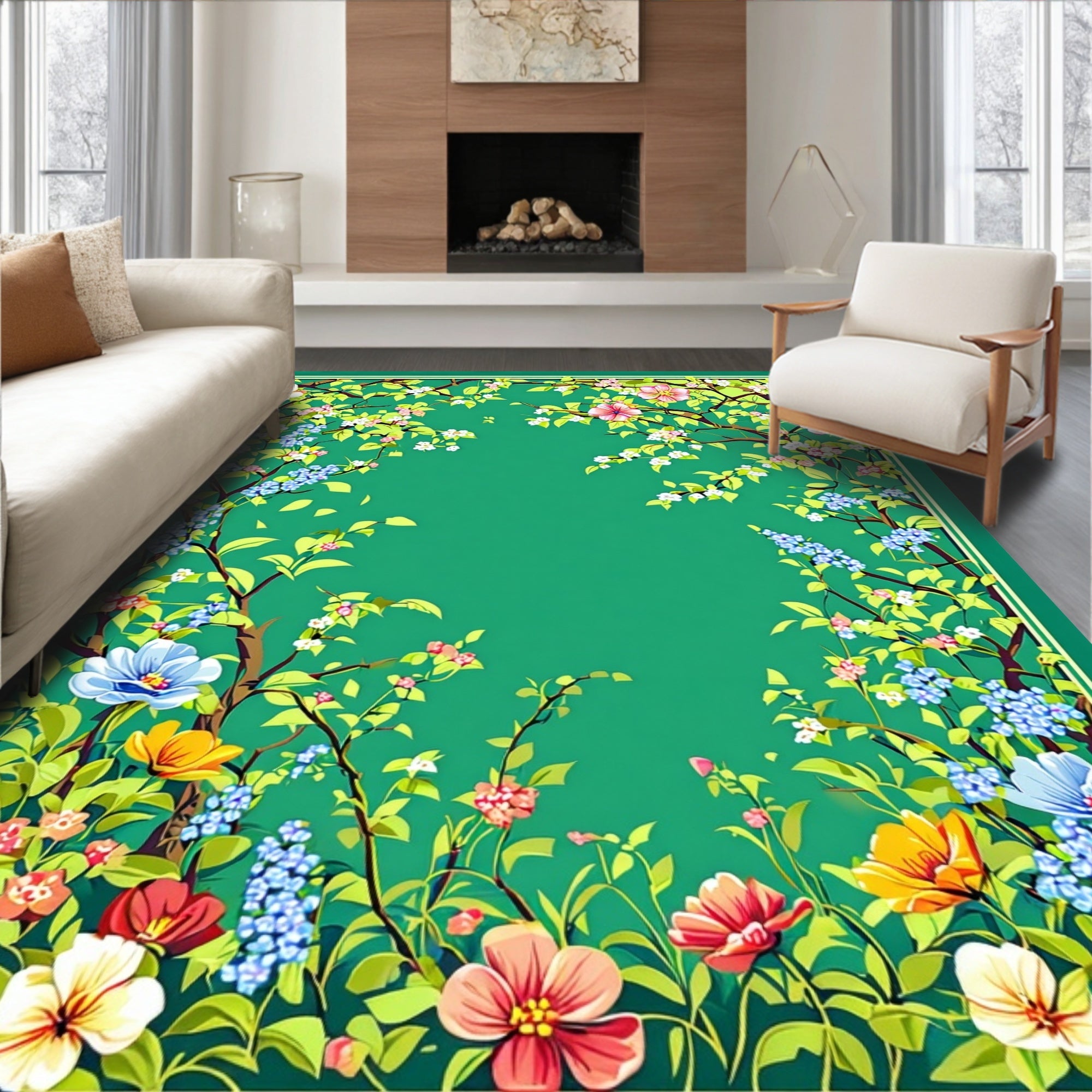 Lush Floral Branches Green Canvas Rug