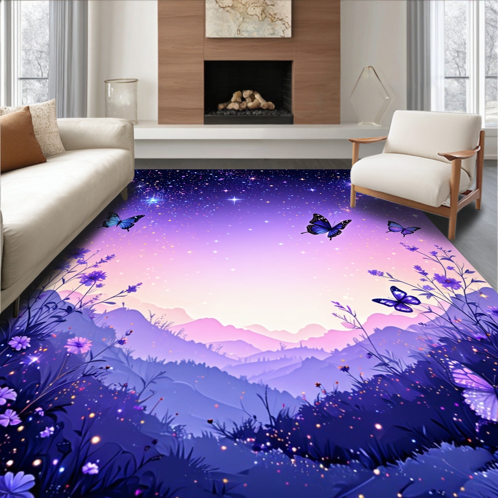 Whimsical Butterfly Night Sky Design Rug