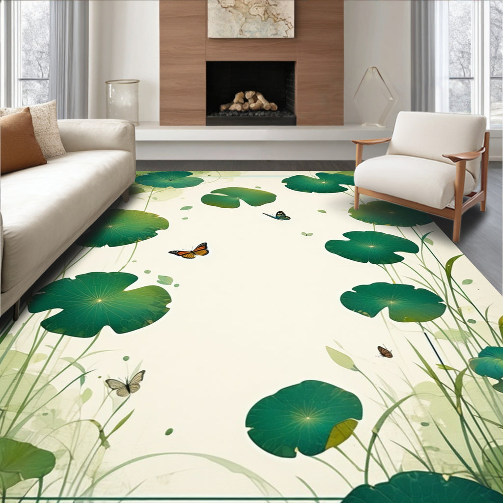 Serene Green Lotus Butterfly Pattern Rug