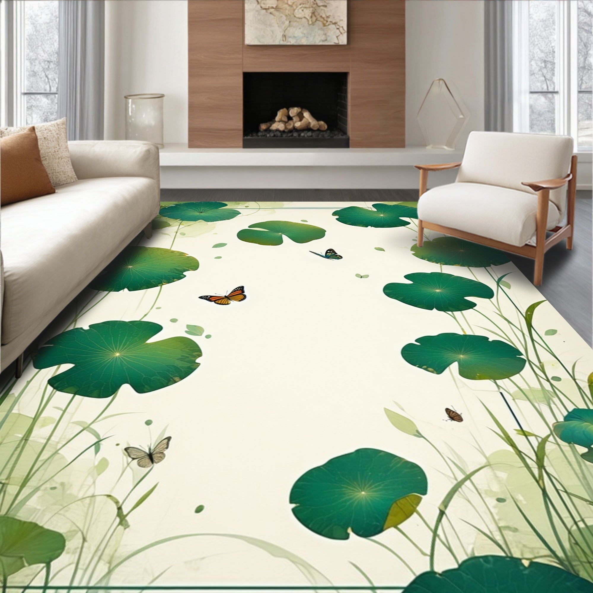 Serene Green Lotus Butterfly Pattern Rug