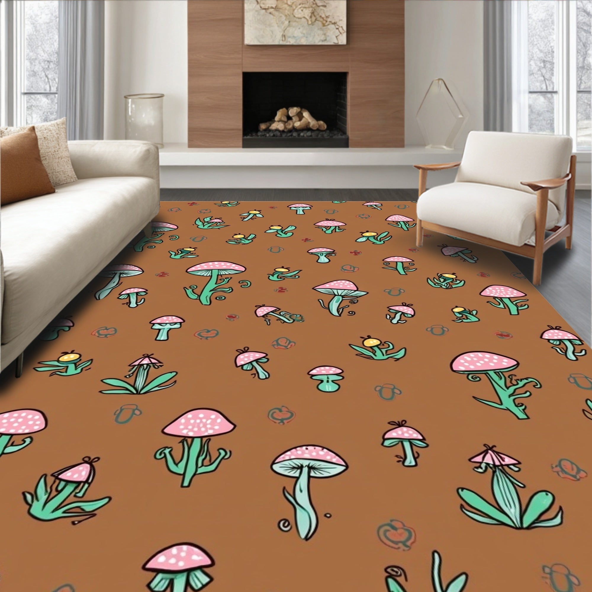 Whimsical Mushroom Leafy Nature Pattern Rug