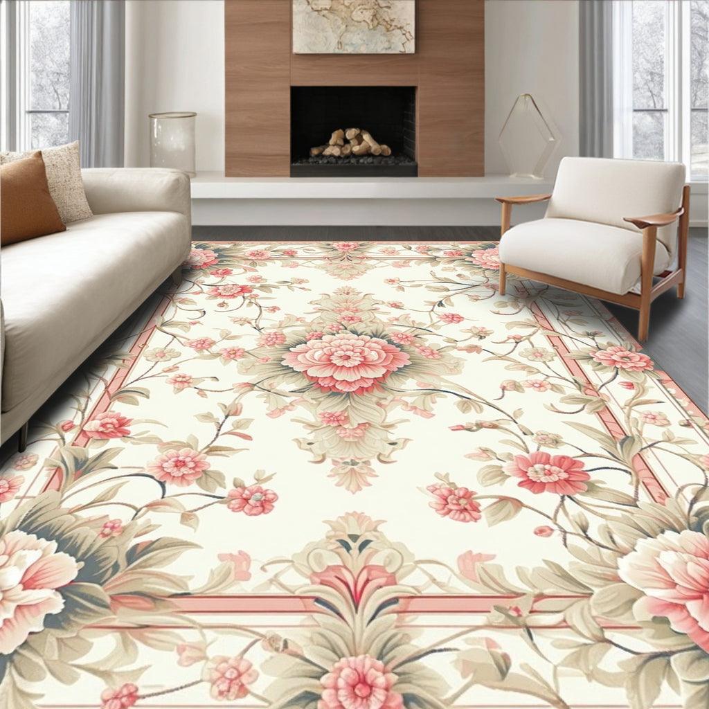 Elegant Coral Pink Floral Scroll Border Rug