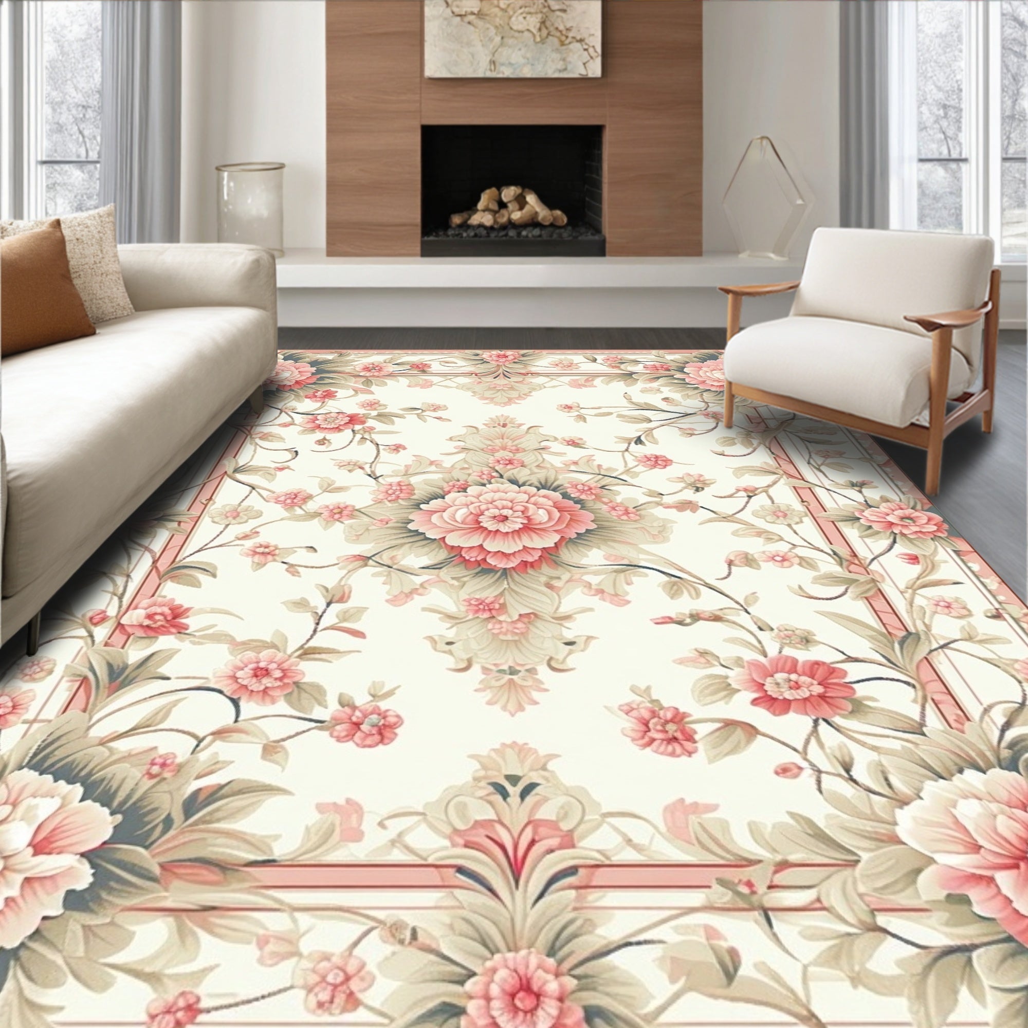 Elegant Coral Pink Floral Scroll Border Rug