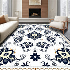 Navy Blue Cream Floral Square Tableau Rug