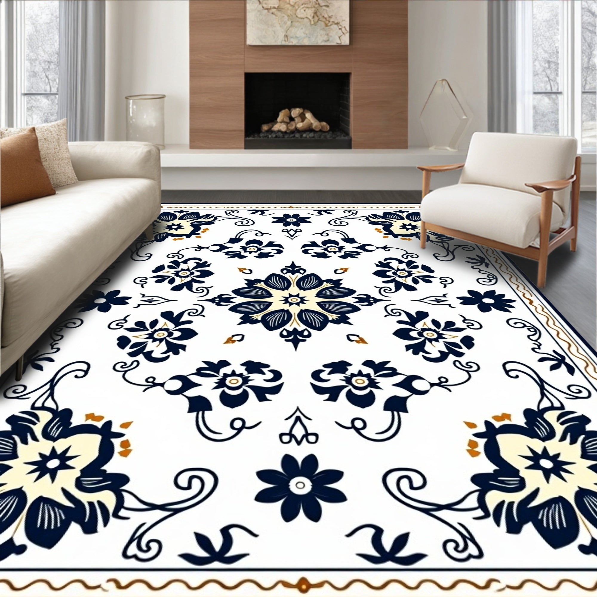 Navy Blue Cream Floral Square Tableau Rug