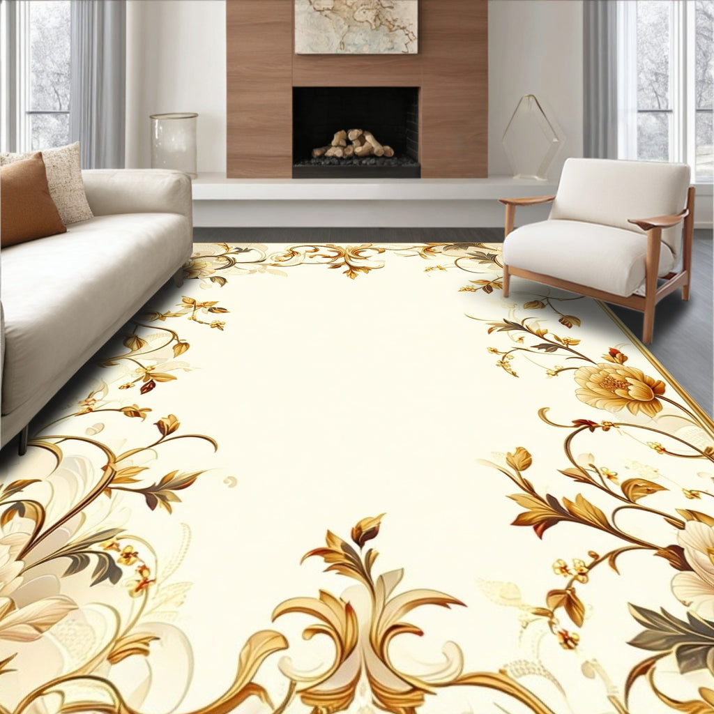 Elegant Floral Scrollwork Golden Rug