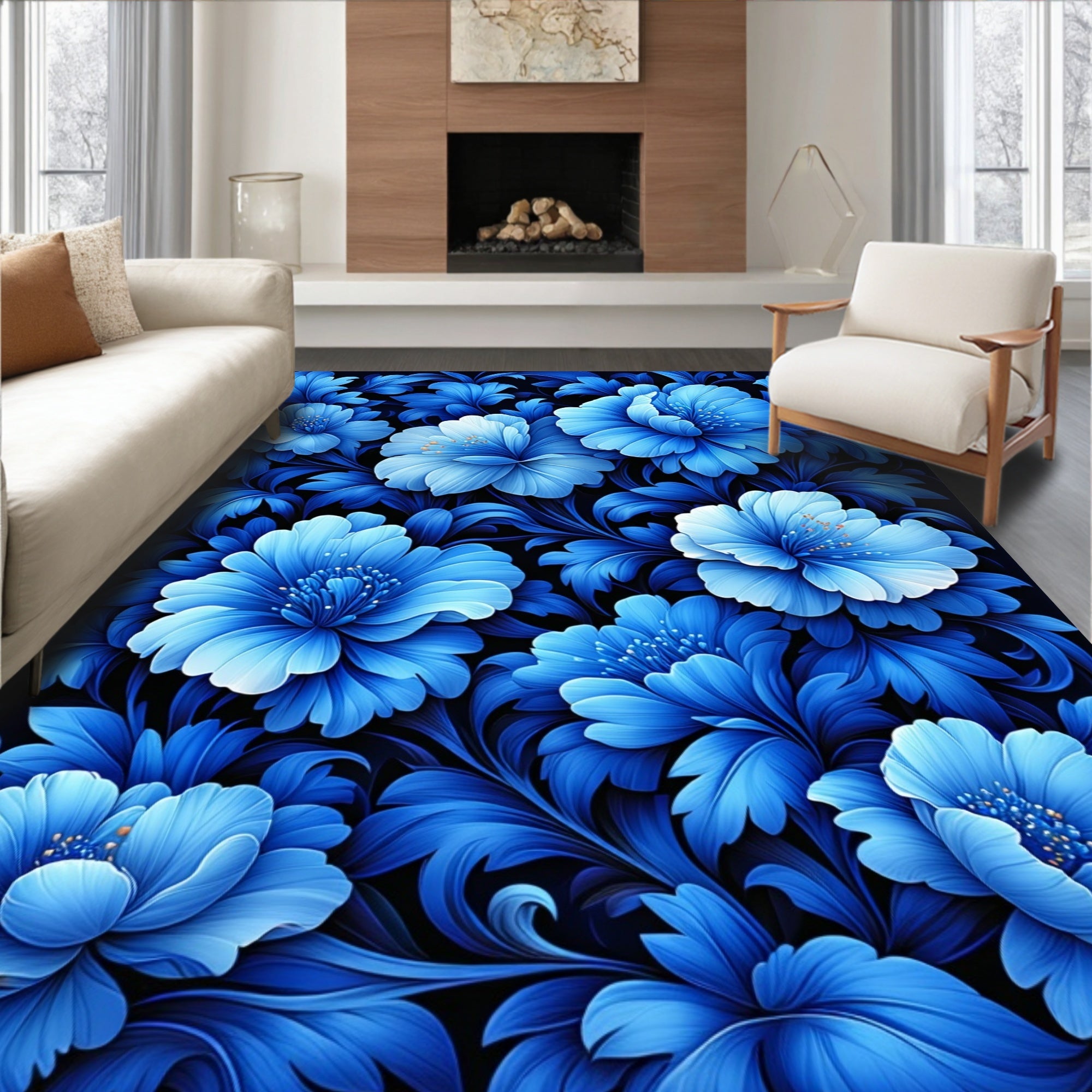 Vivid Blue Floral Pattern Rug