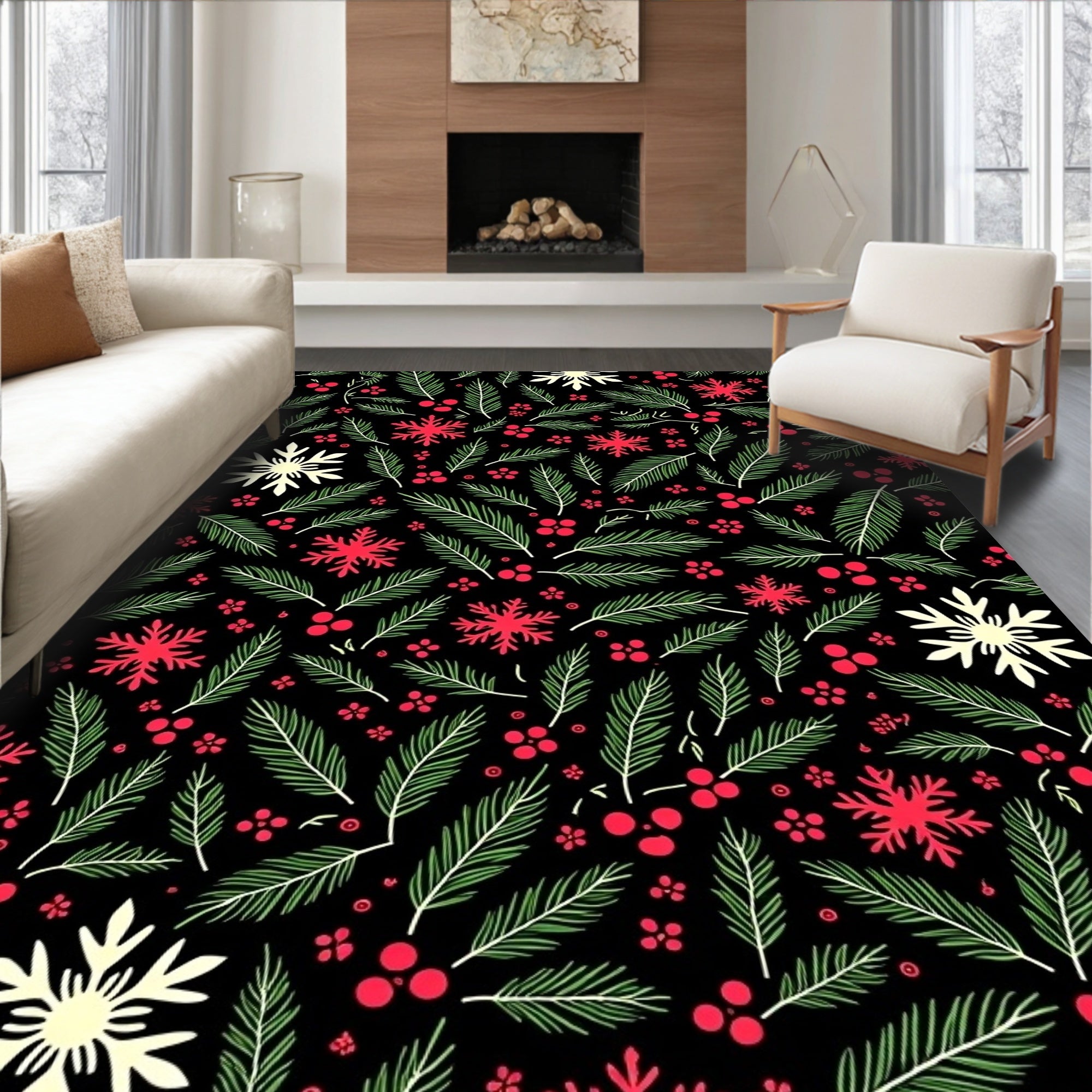 Festive Red Snowflakes Pine Berries Rug