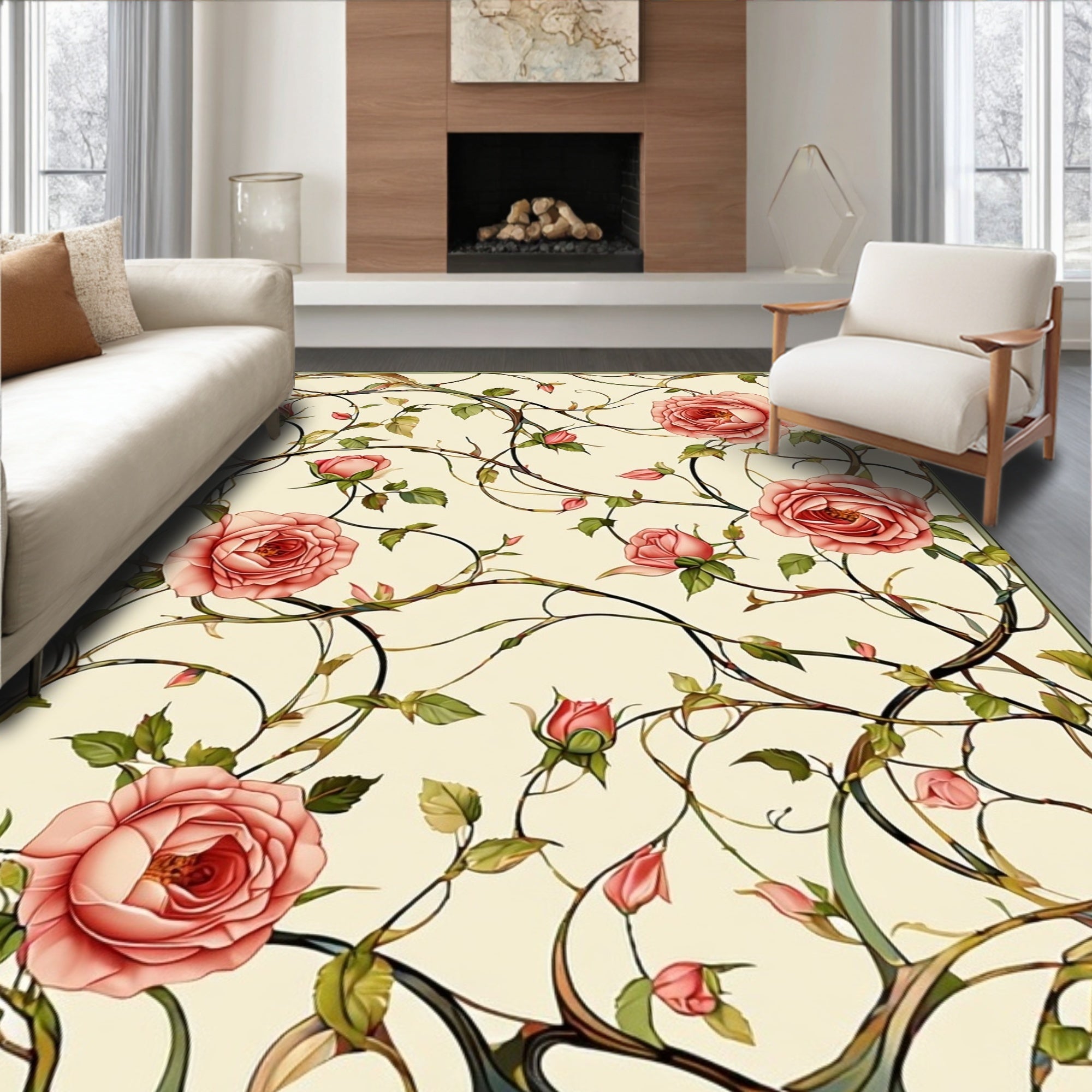 Vintage Rose Vine Floral Pattern Rug