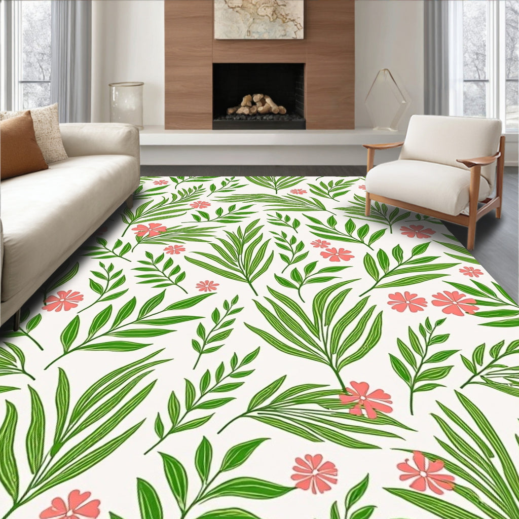 Tropical Green Leaf and Small Flower Pattern Rug