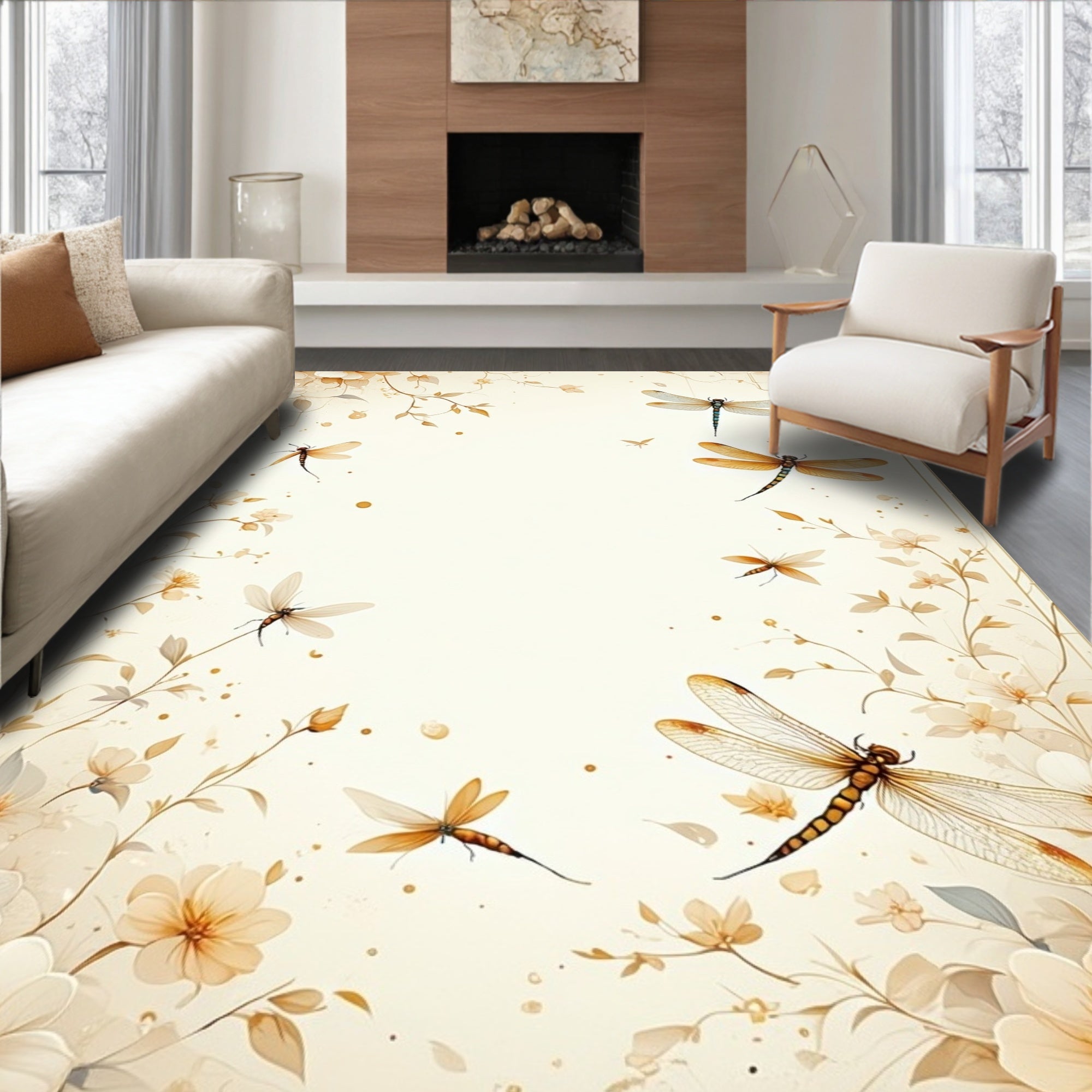 Delicate Dragonfly Floral Pattern Rug