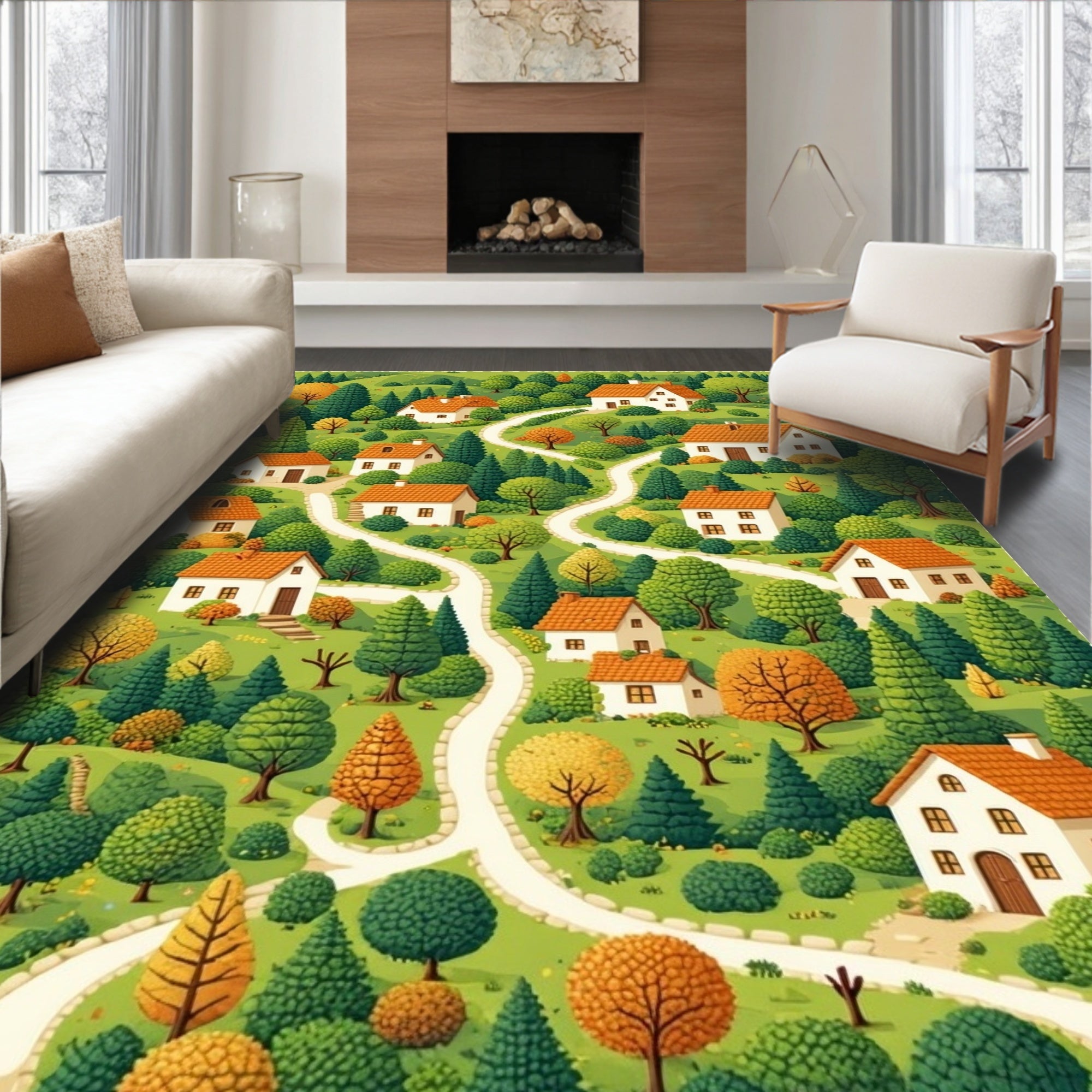 Whimsical Village Cozy Homes Pattern Rug