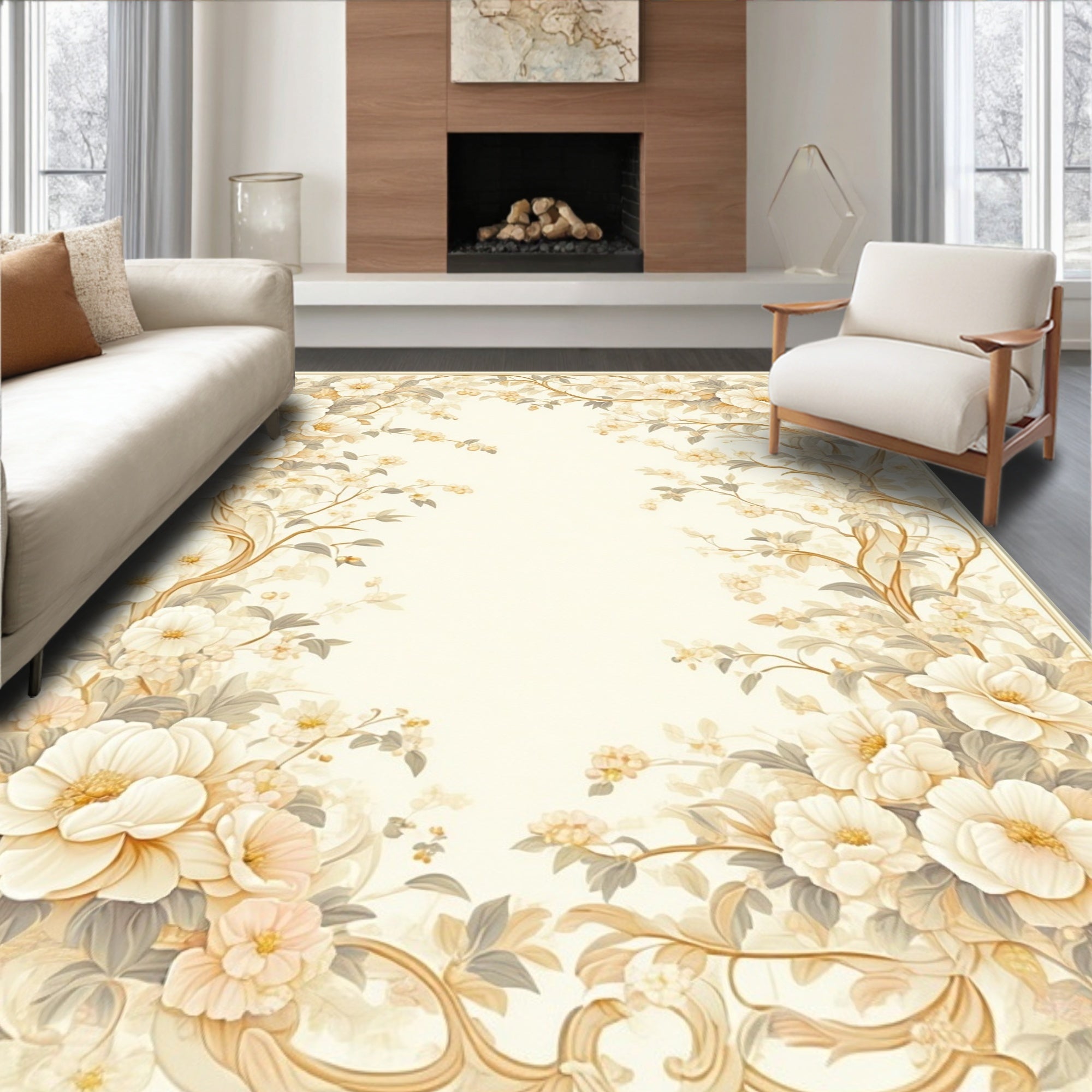 Cream Floral Branches Vintage Pattern Rug