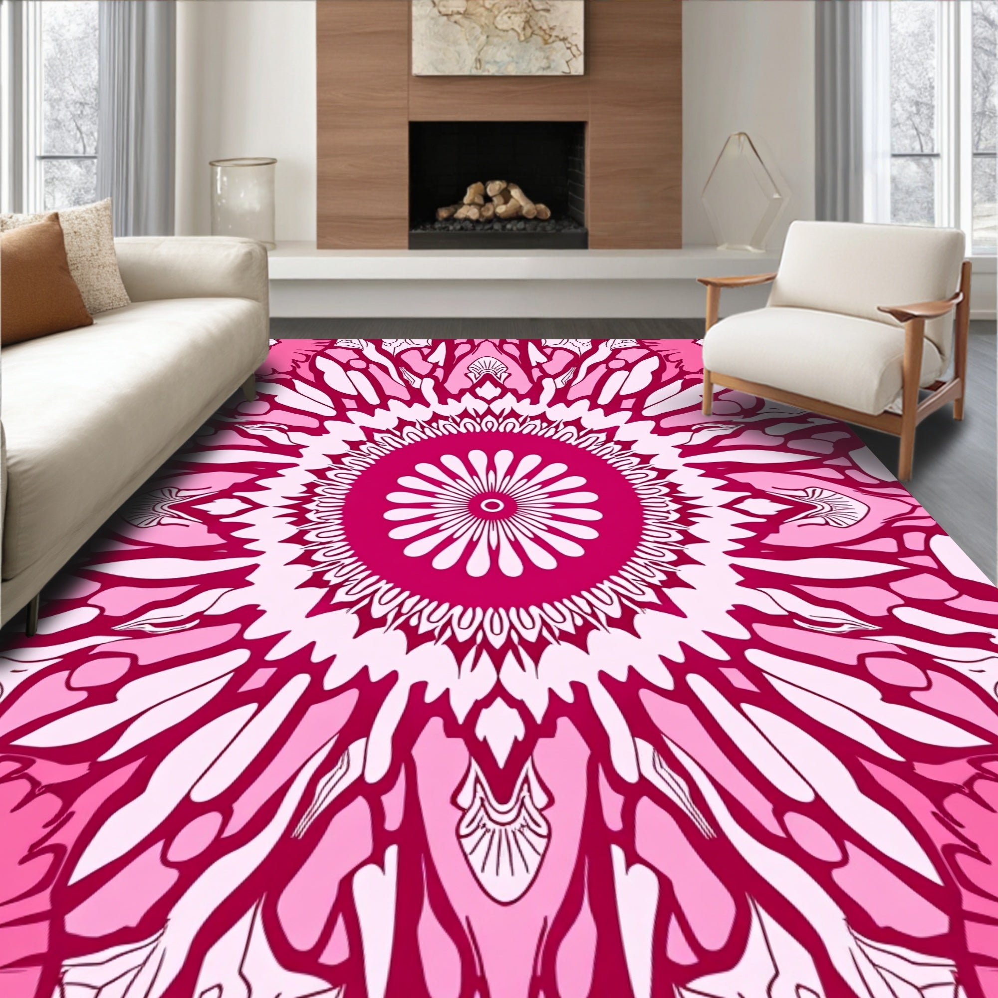 Mandala Floral Patterned Pink Intricate Rug