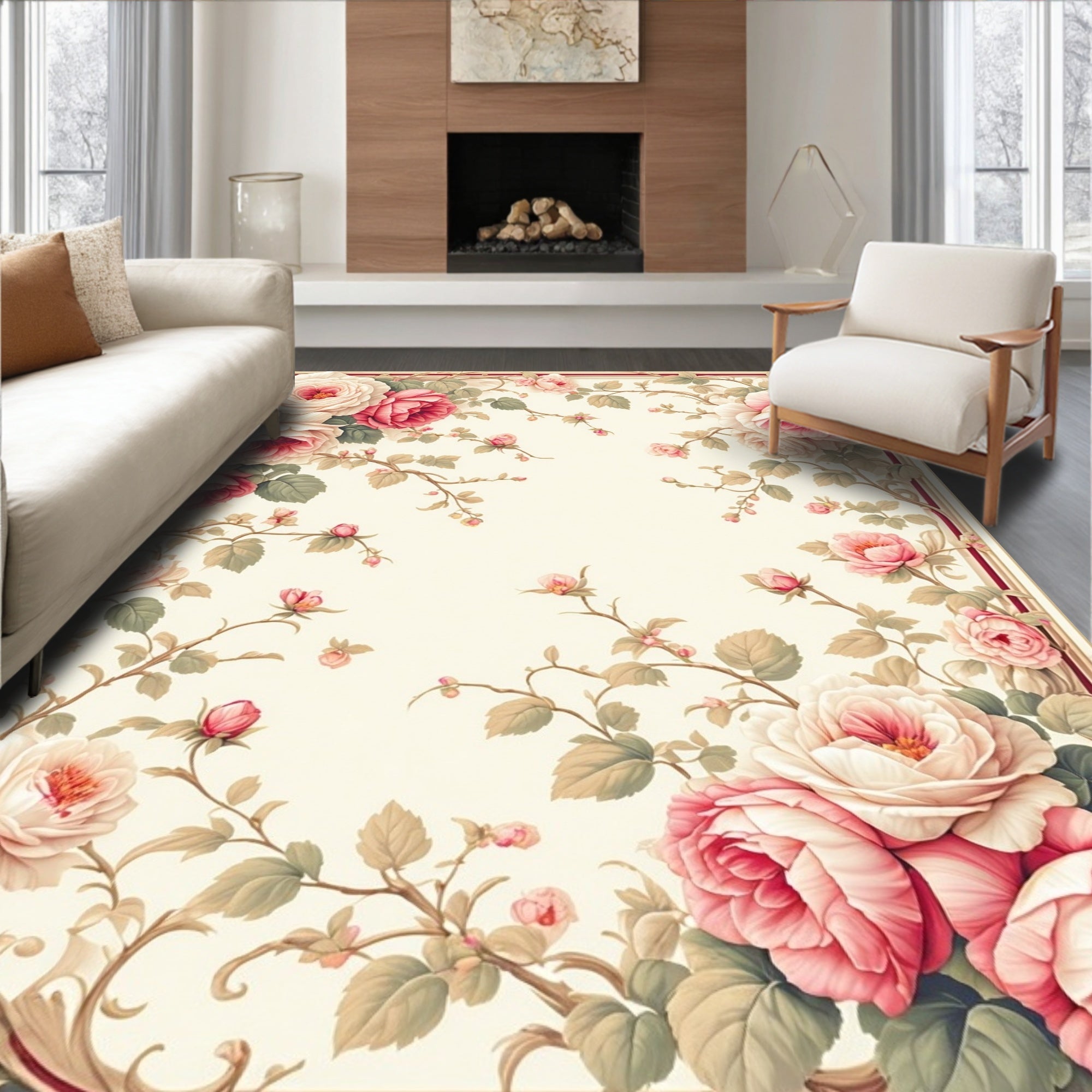 Romantic Pink Cream Rose Vines Rug