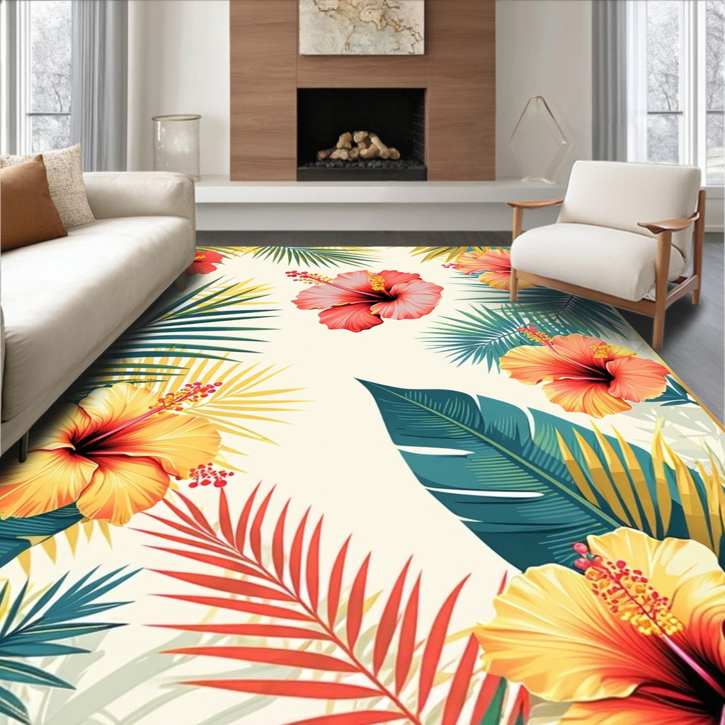 Tropical Hibiscus Floral Pattern Rug