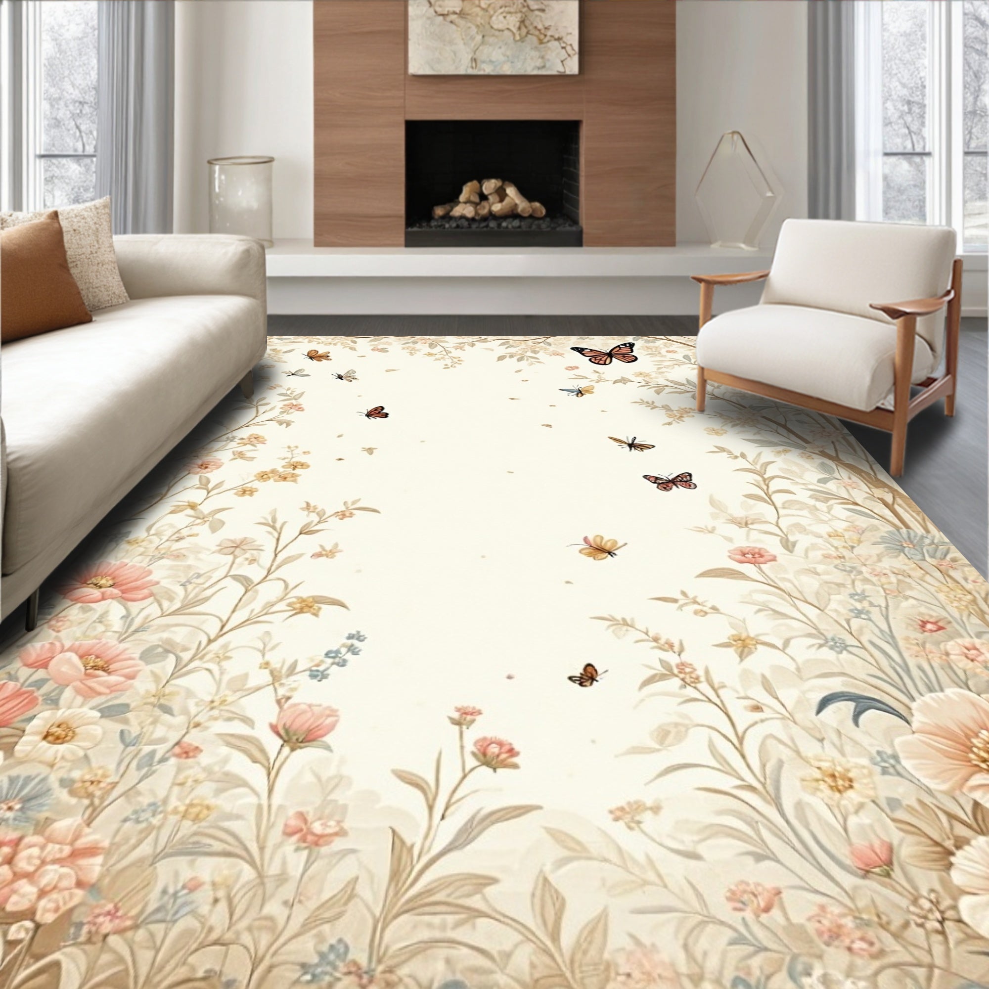 Floral Butterfly Garden Whimsical Design Rug