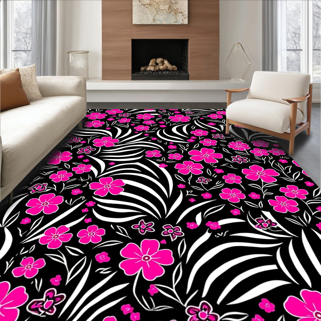 Vibrant Fuchsia Floral Zebra Stripes Rug