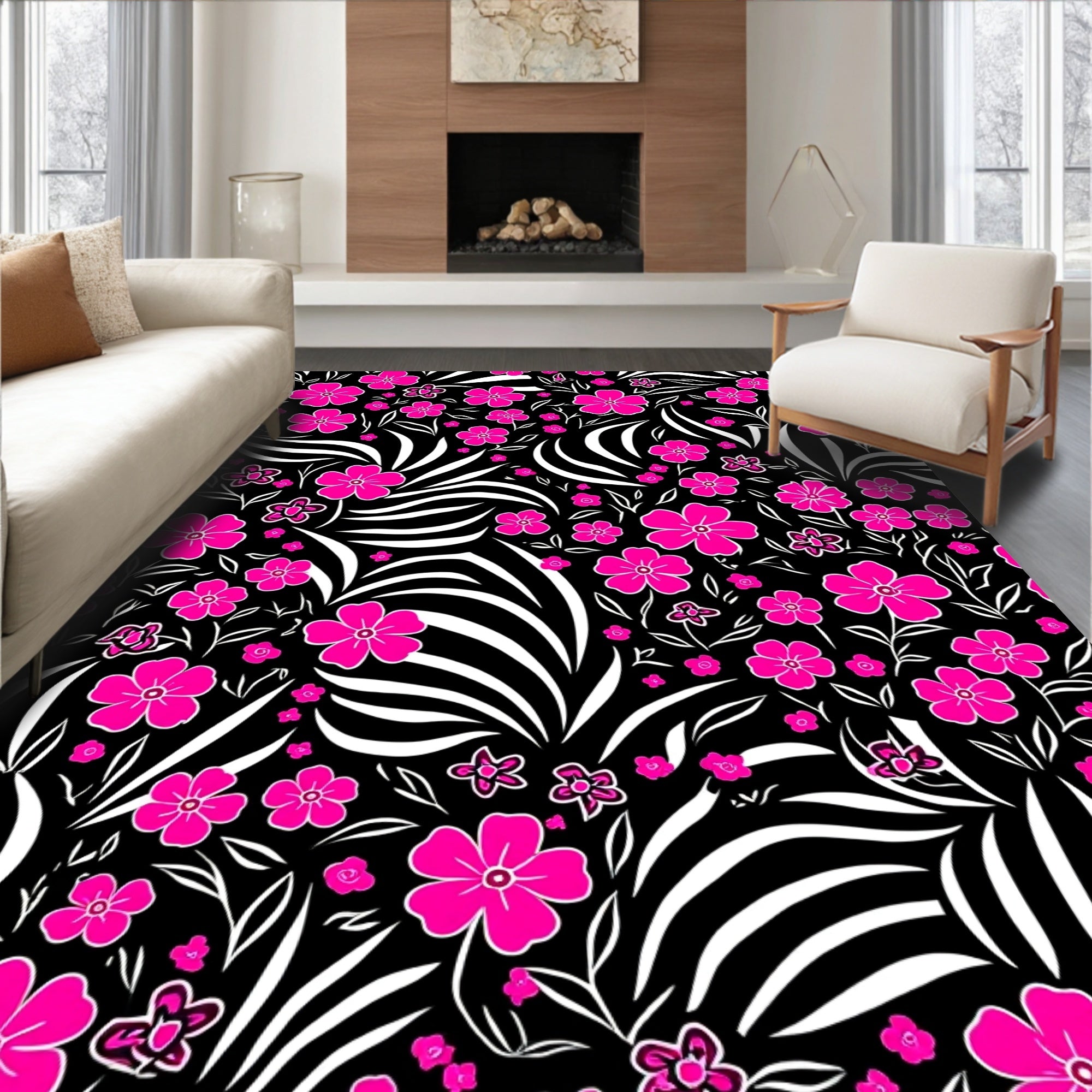 Vibrant Fuchsia Floral Zebra Stripes Rug