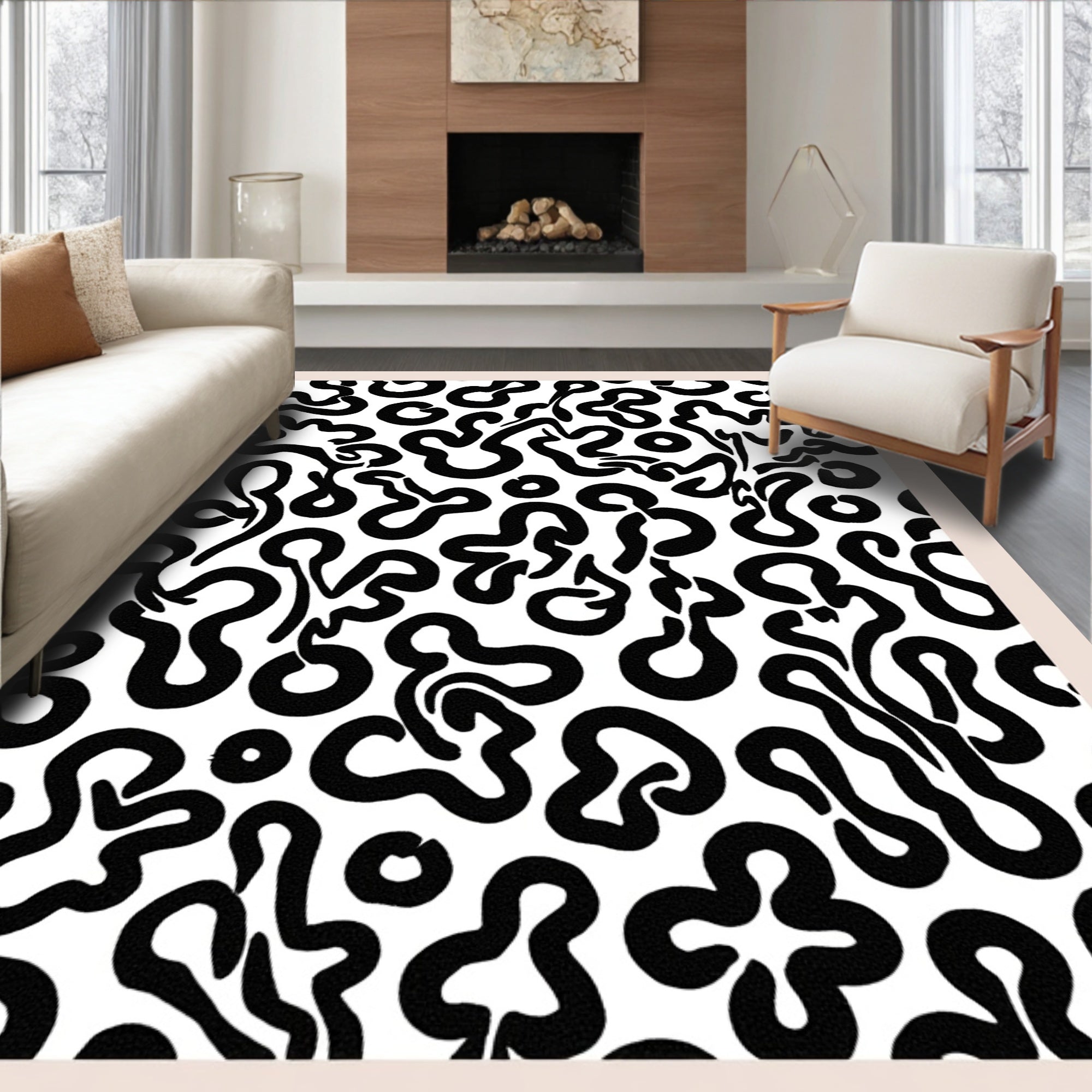 Black White Abstract Organic Shapes Rug