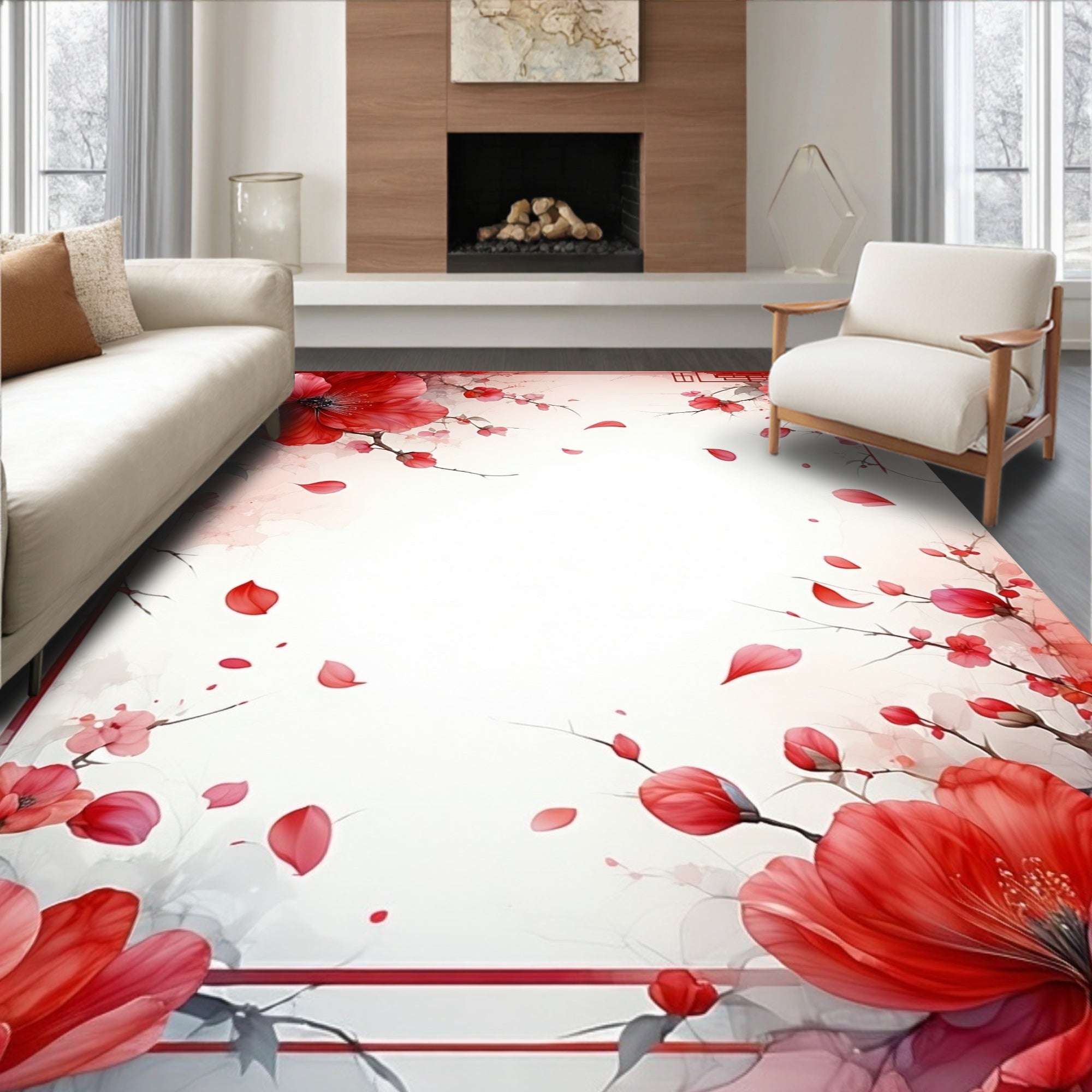 Vivid Red Floral Branch Pattern Rug