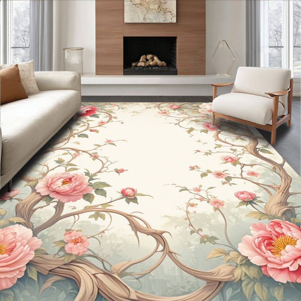Pink Peony Floral Vine Pattern Rug