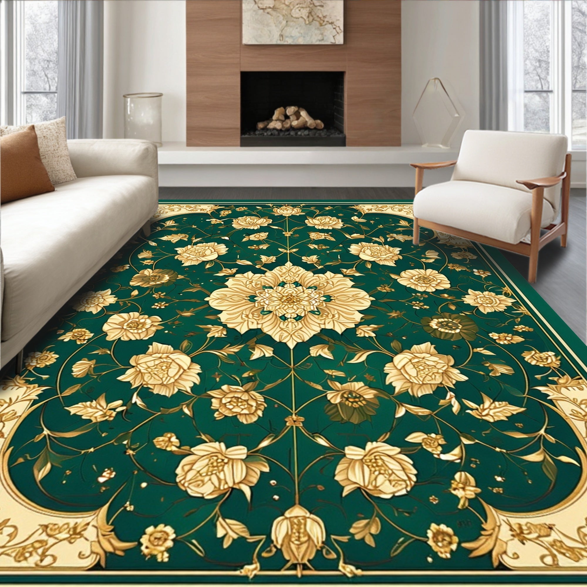 Ornate Floral Cream Emerald Design Rug