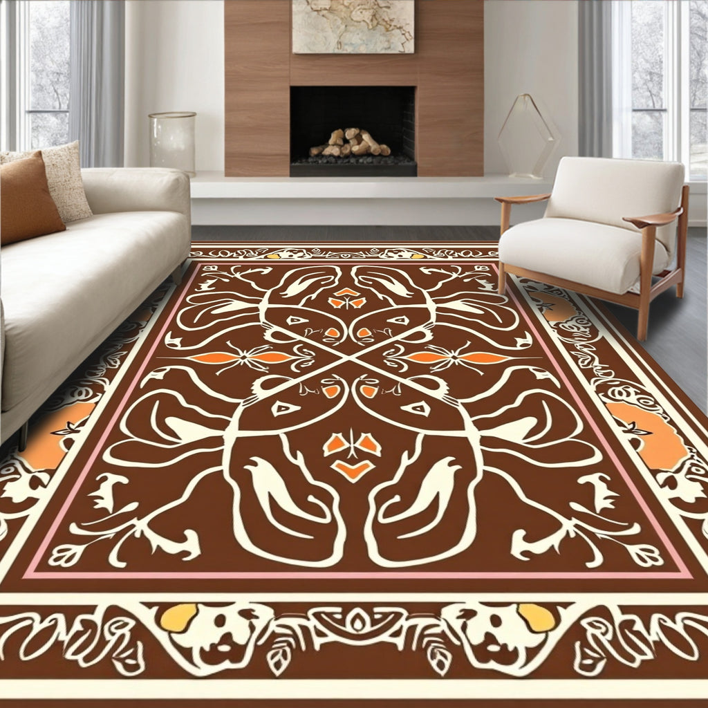 Ornate Animal Symmetry Brown Style Rug
