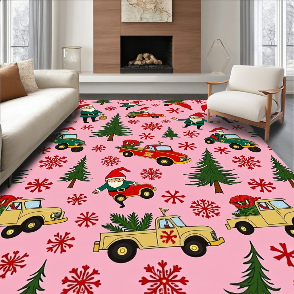 Playful Santa Trucks Trees Rosa Rug