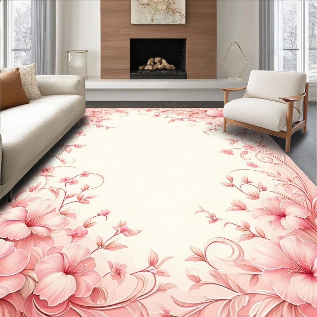 Soft Pink Floral Scroll Design Rug