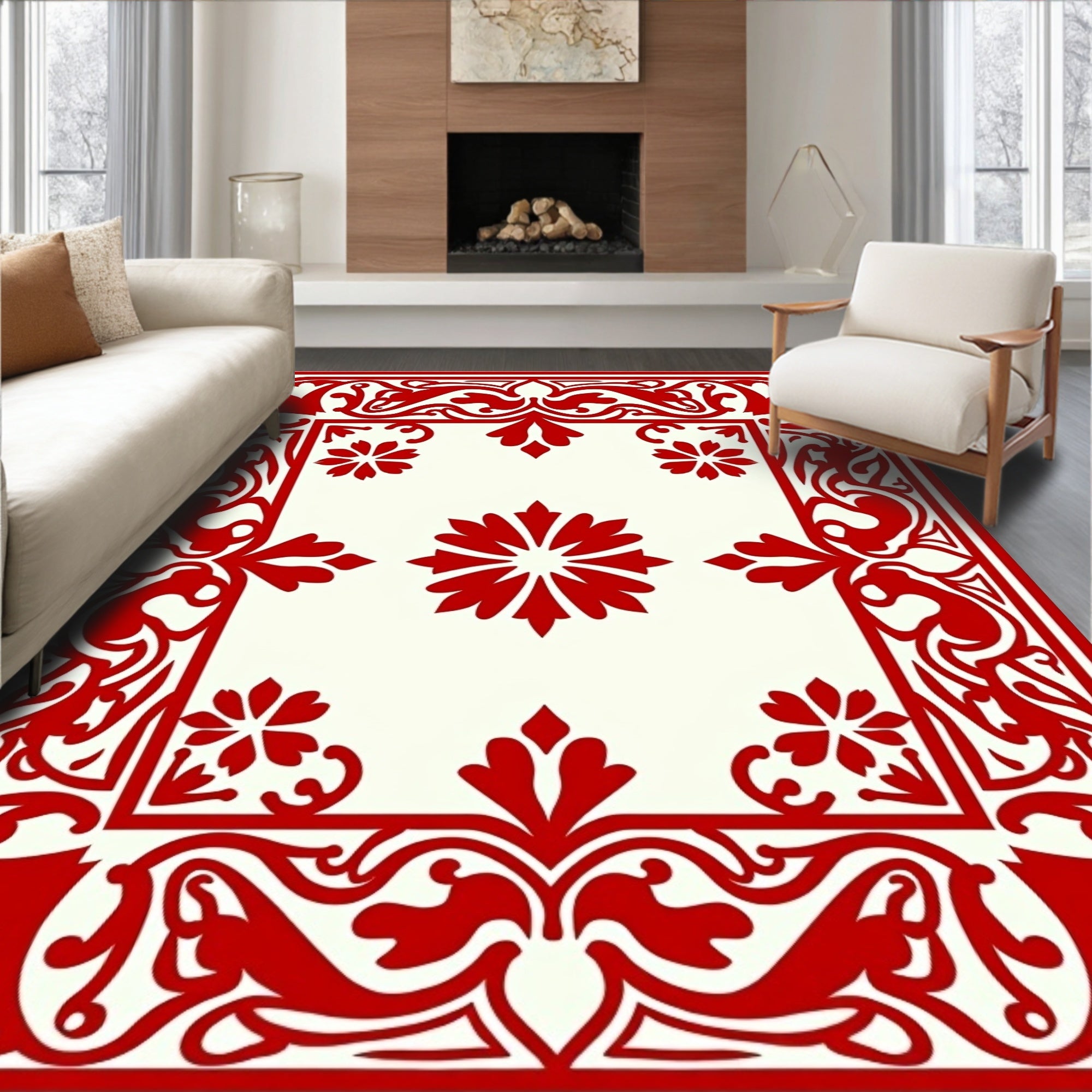 Crimson Ivory Ornate Floral Rug