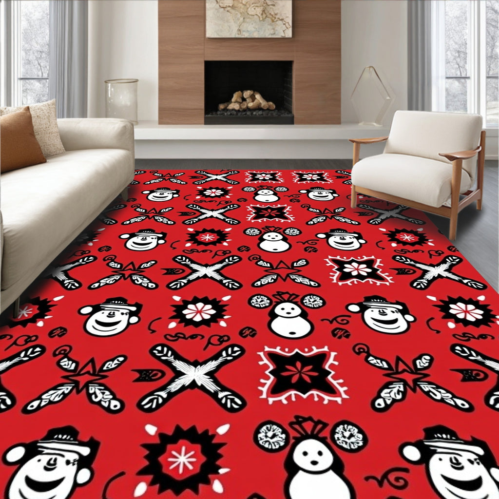 Red White Black Snowman And Star Rug