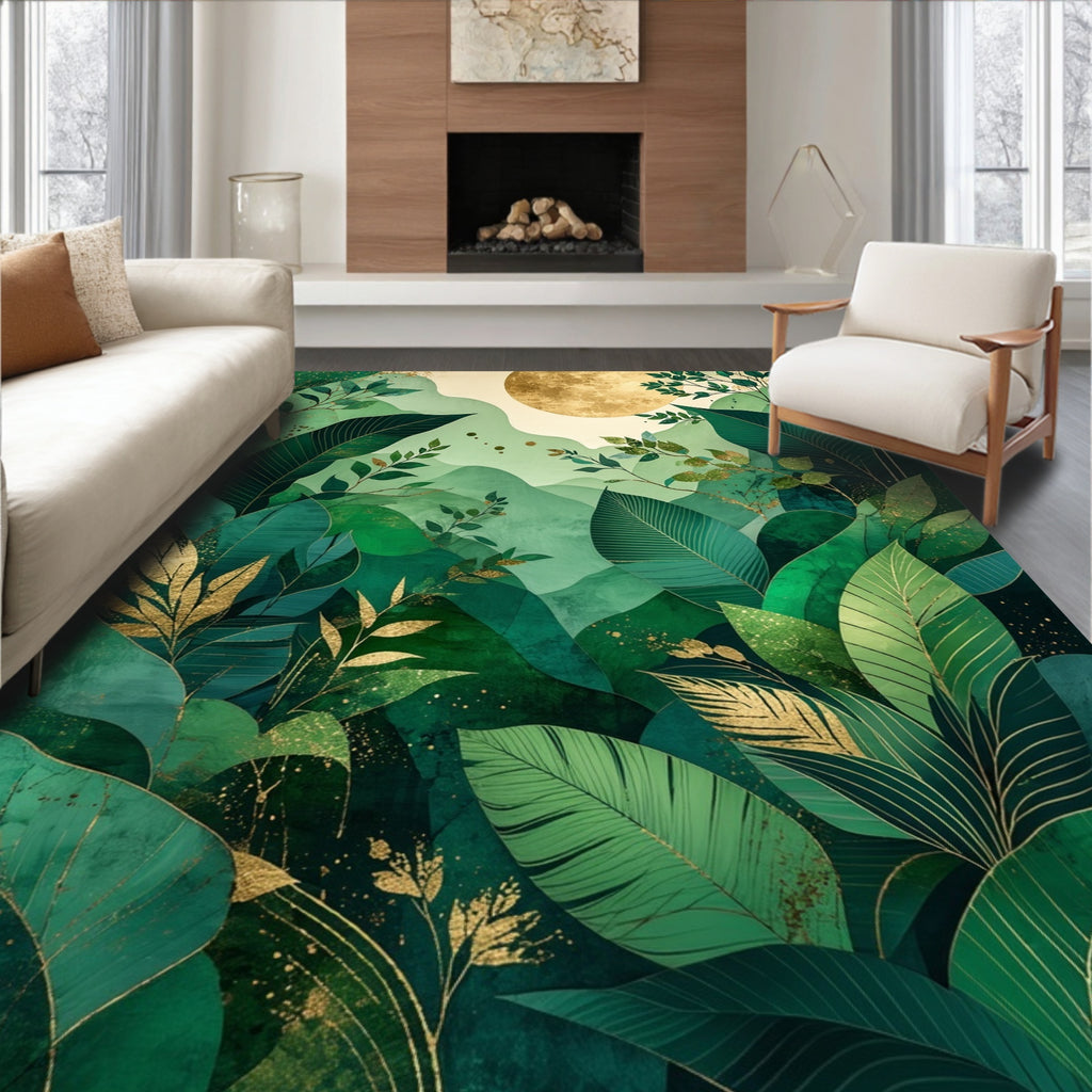 Lush Tropical Greenery Gold Leaf Print Rug
