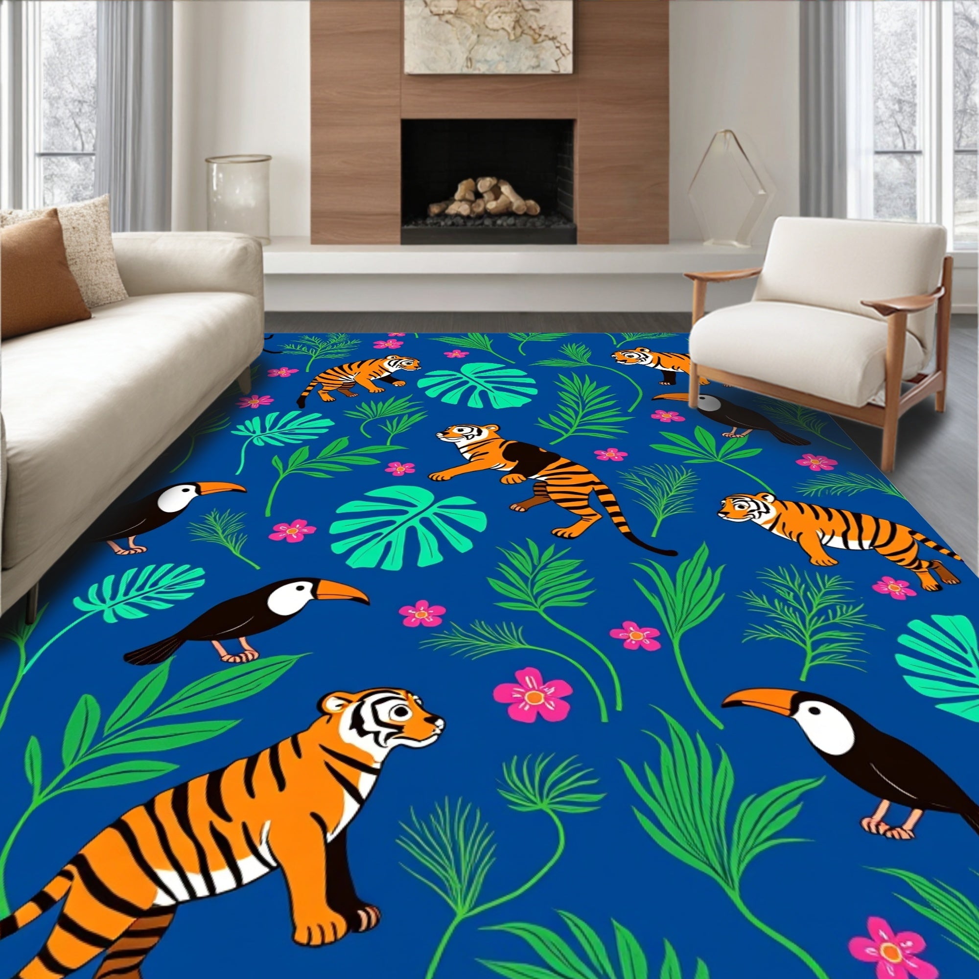 Tiger and Toucan Jungle Pattern Rug