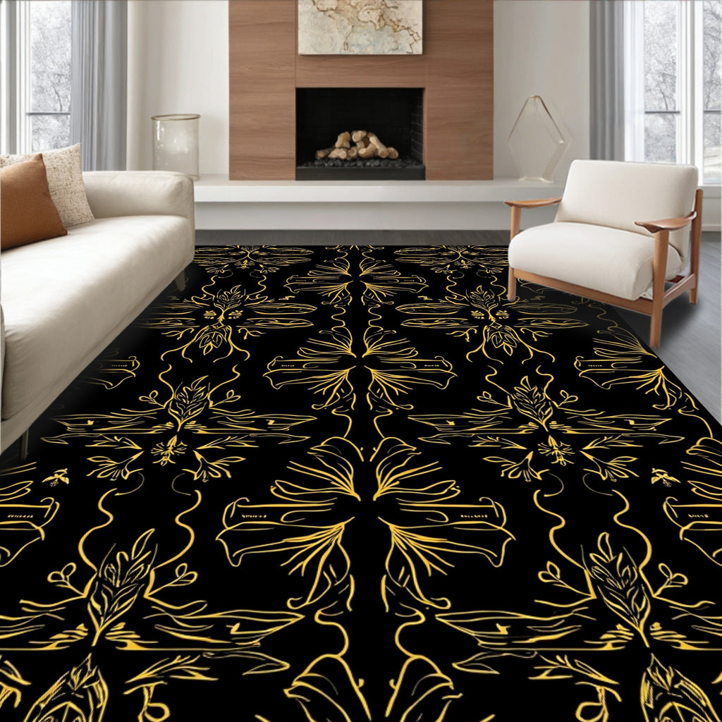 Stylized Golden Floral Repeat Pattern Rug