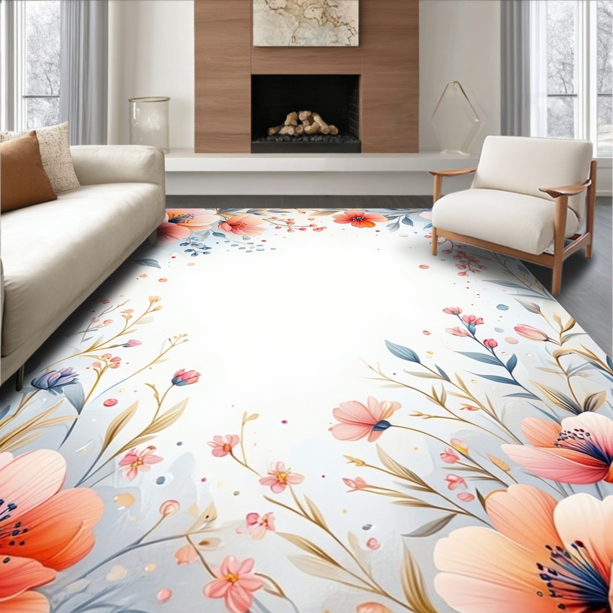Pastel Floral Border with Delicate Blooms Rug