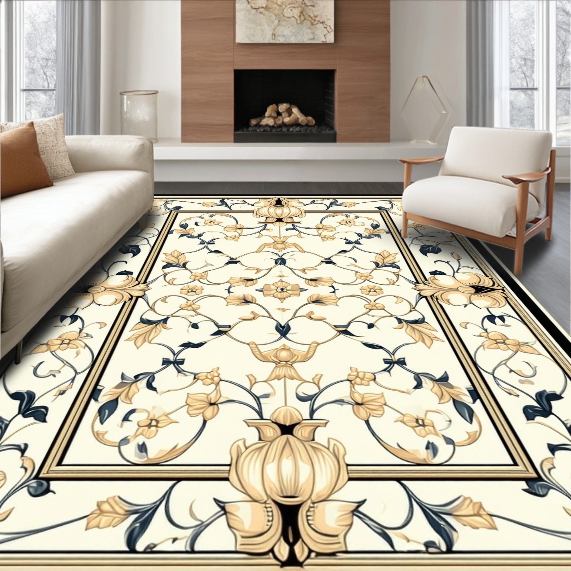 Elegant Cream Floral Vine Pattern Rug