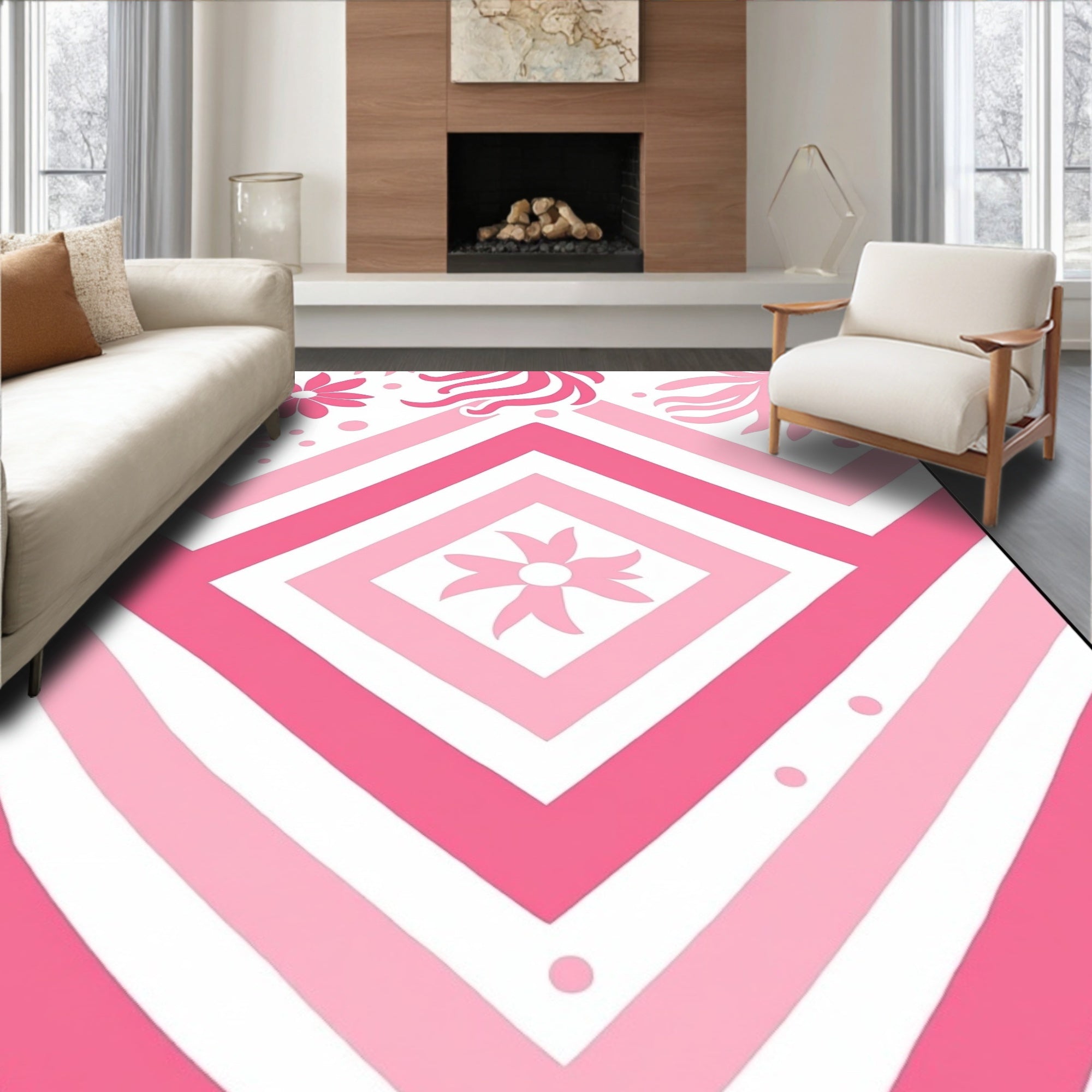 Pink Floral Geometric Stripe Design Rug