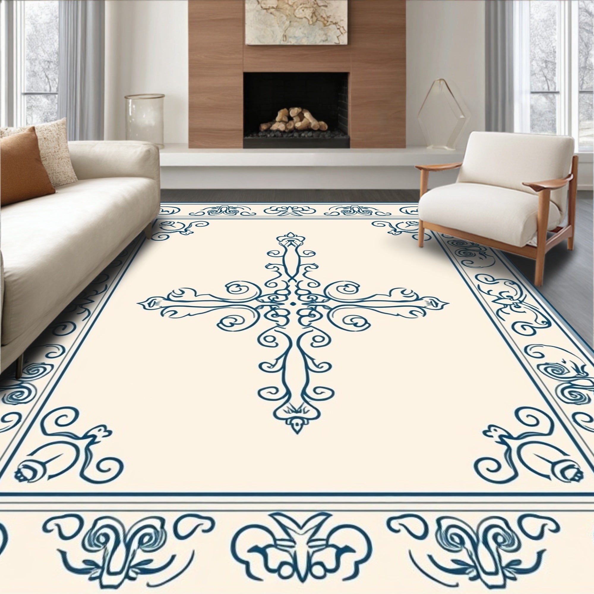 Elegant Dark Blue Scrollwork Pattern Rug
