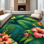 Tropical Palm Leaf and Hibiscus Floral Rug