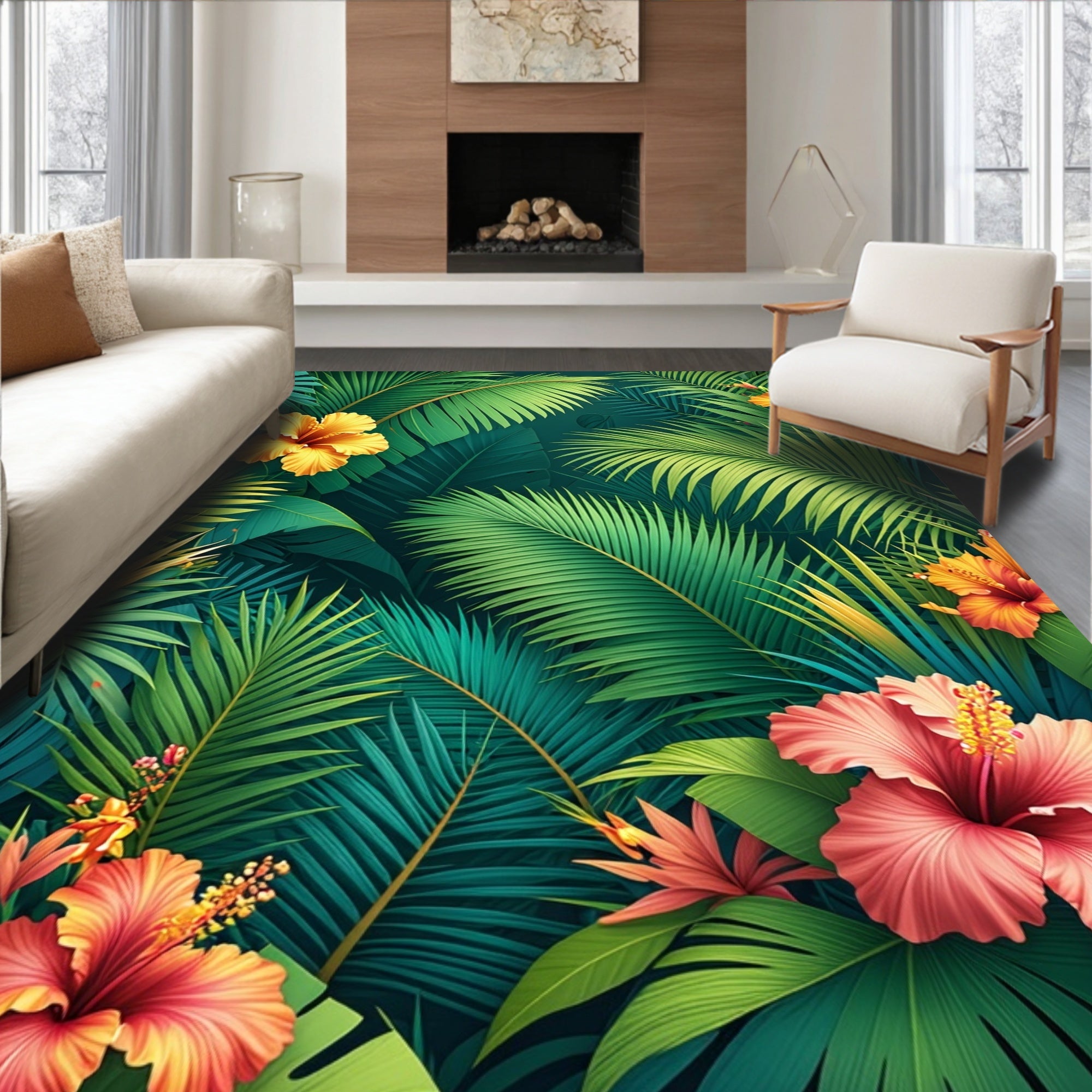 Tropical Palm Leaf and Hibiscus Floral Rug