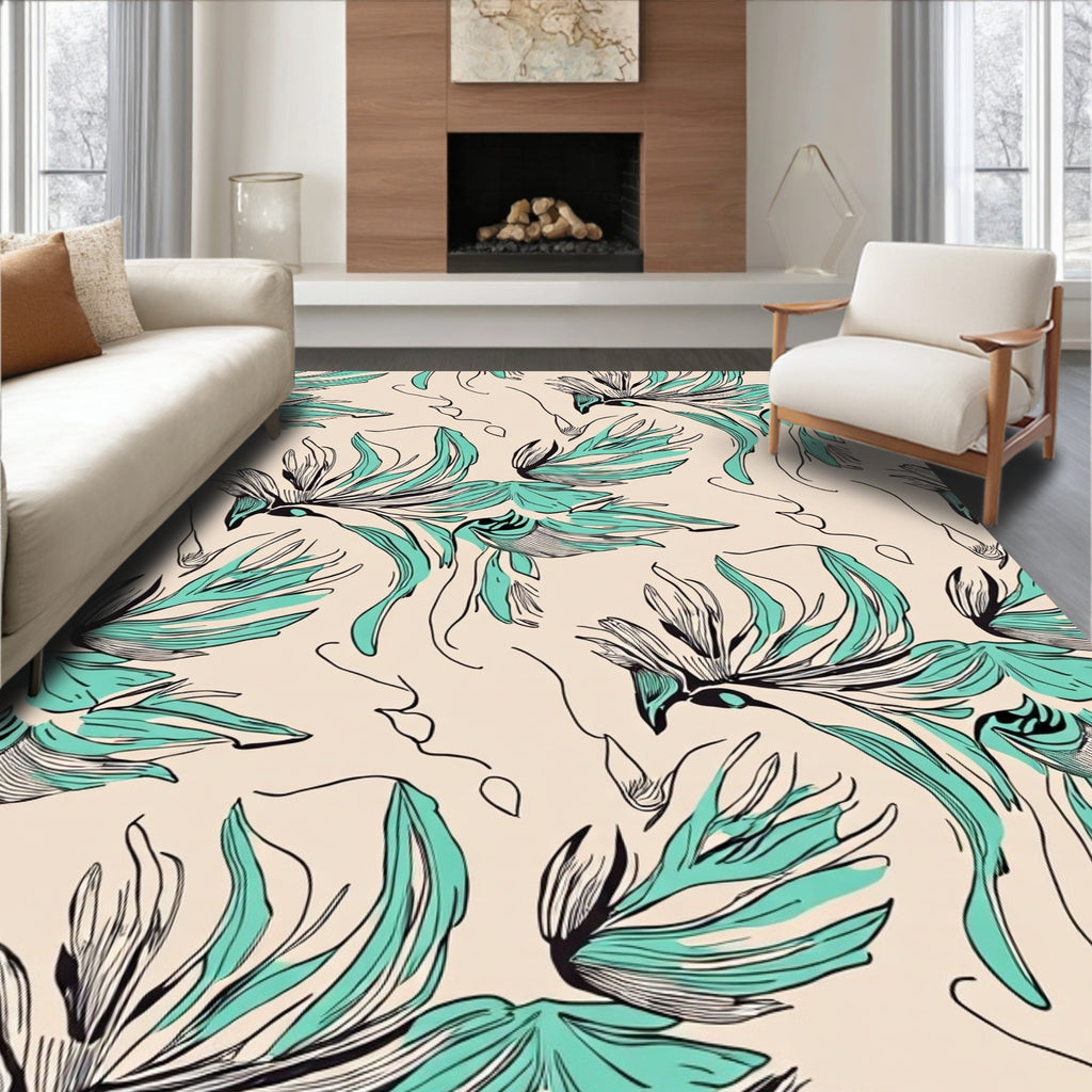 Abstract Teal Black Floral Swirl Rug