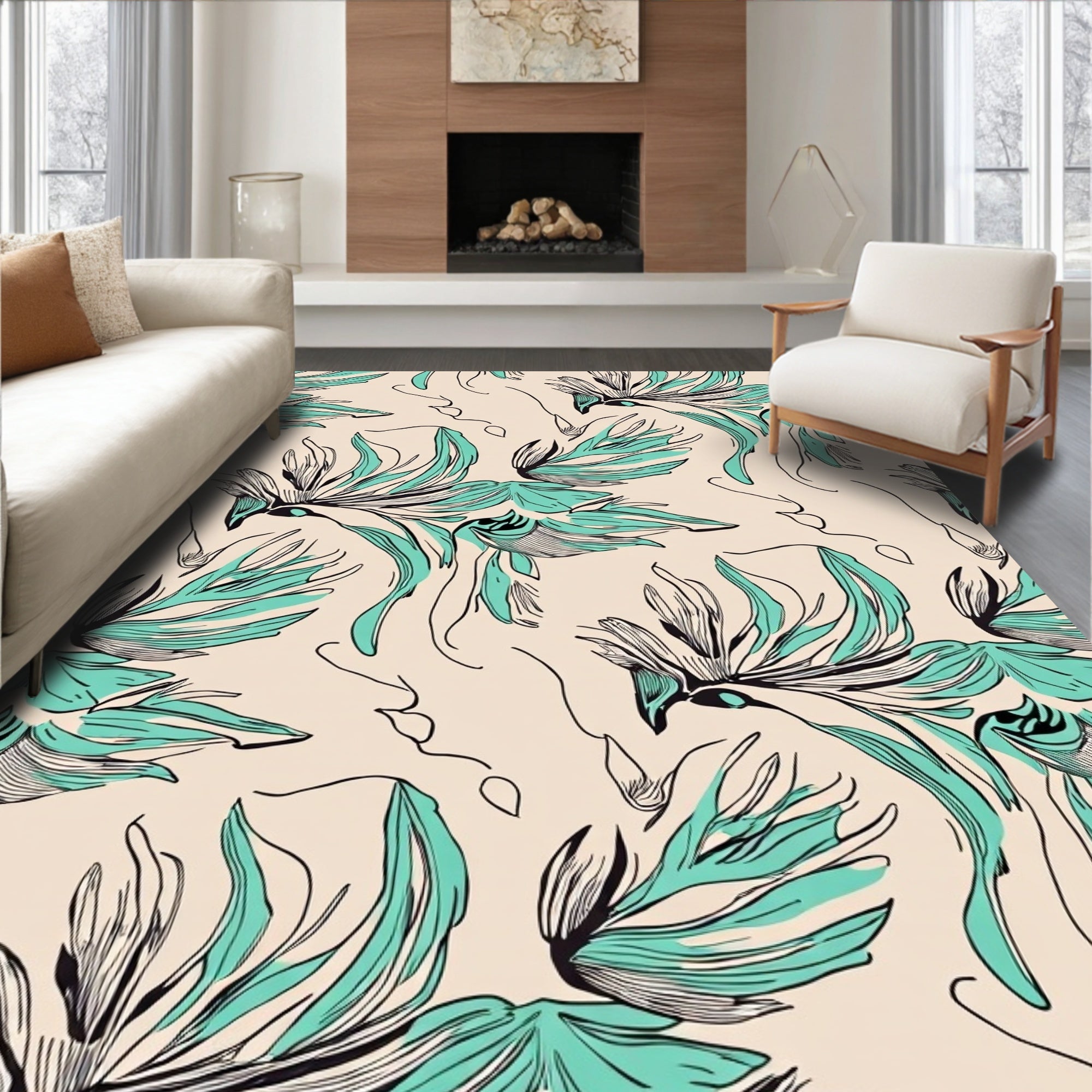 Abstract Teal Black Floral Swirl Rug