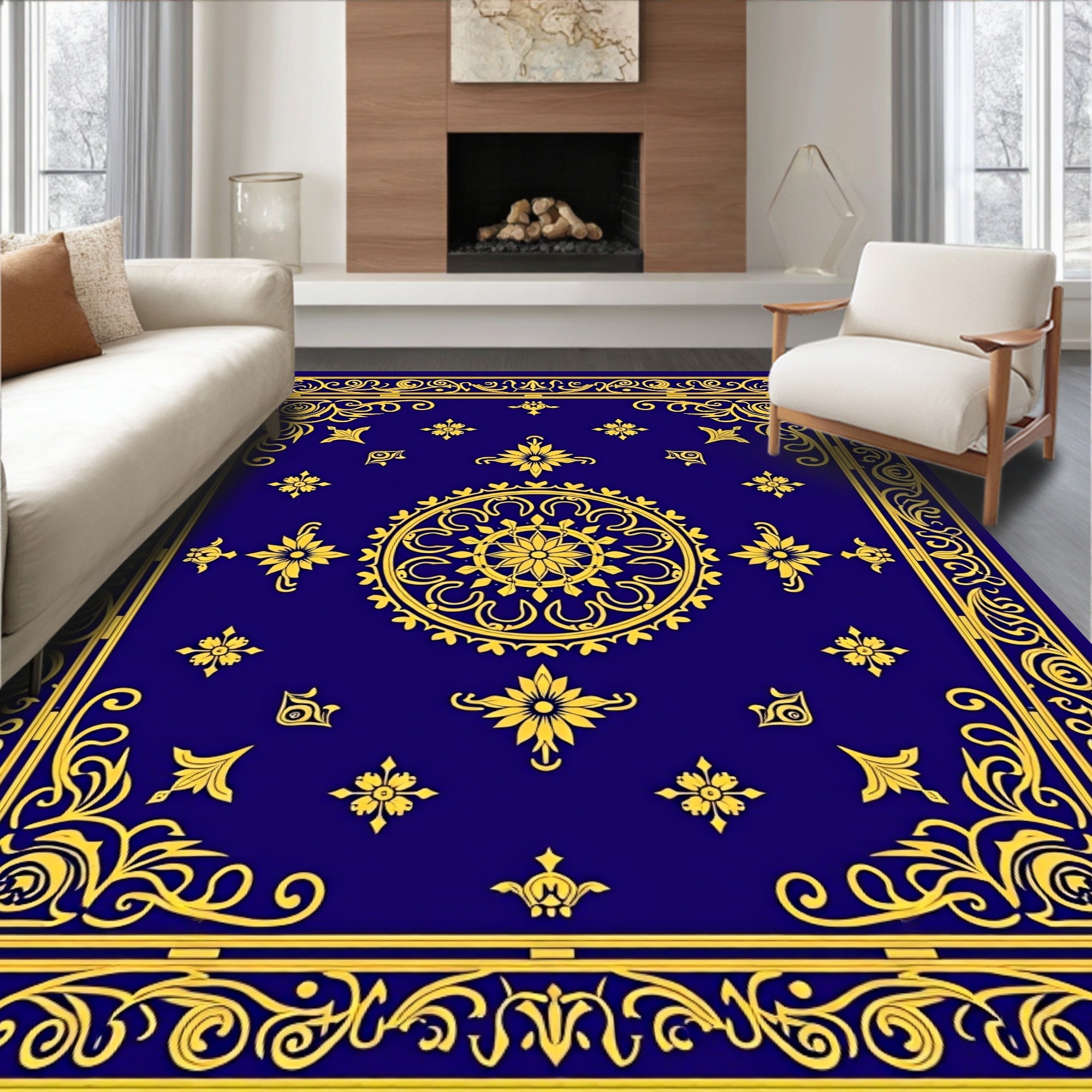 Gold Floral Medallion Royal Blue Rug