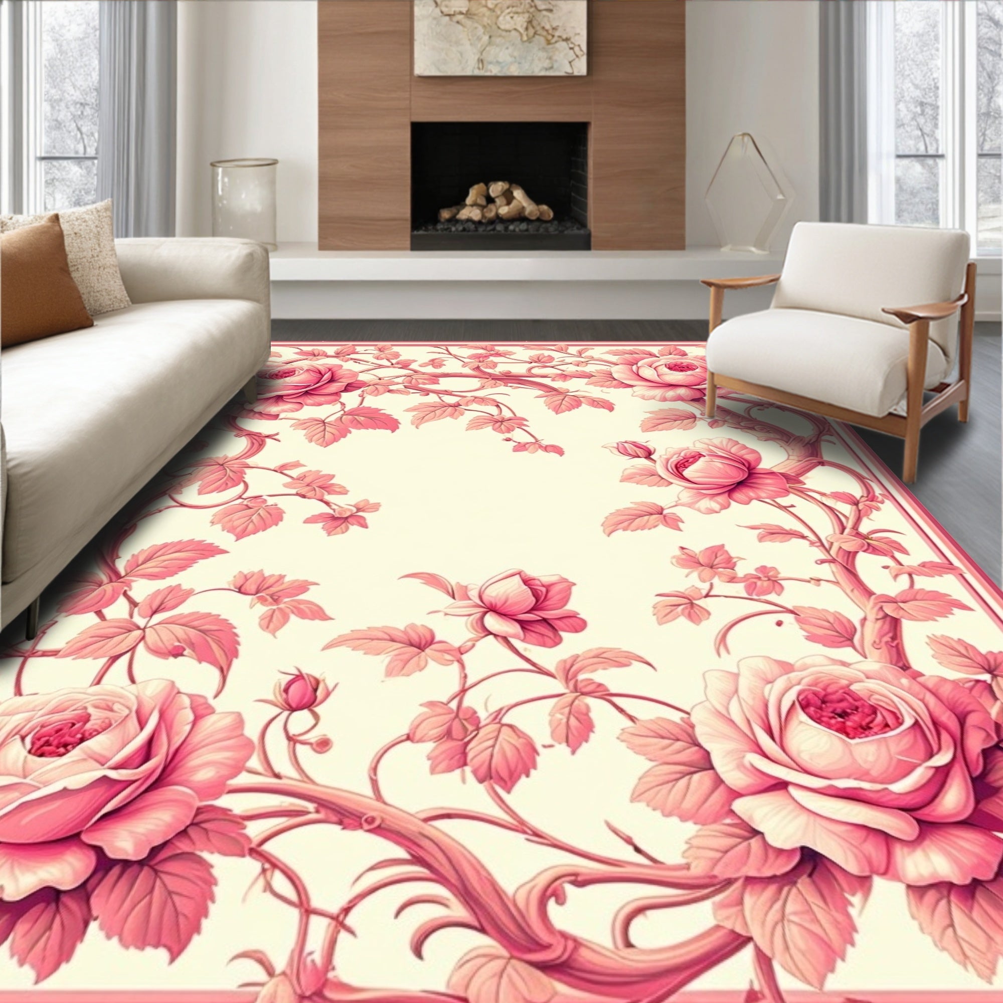 Pink Rose Floral Vine Pattern Rug